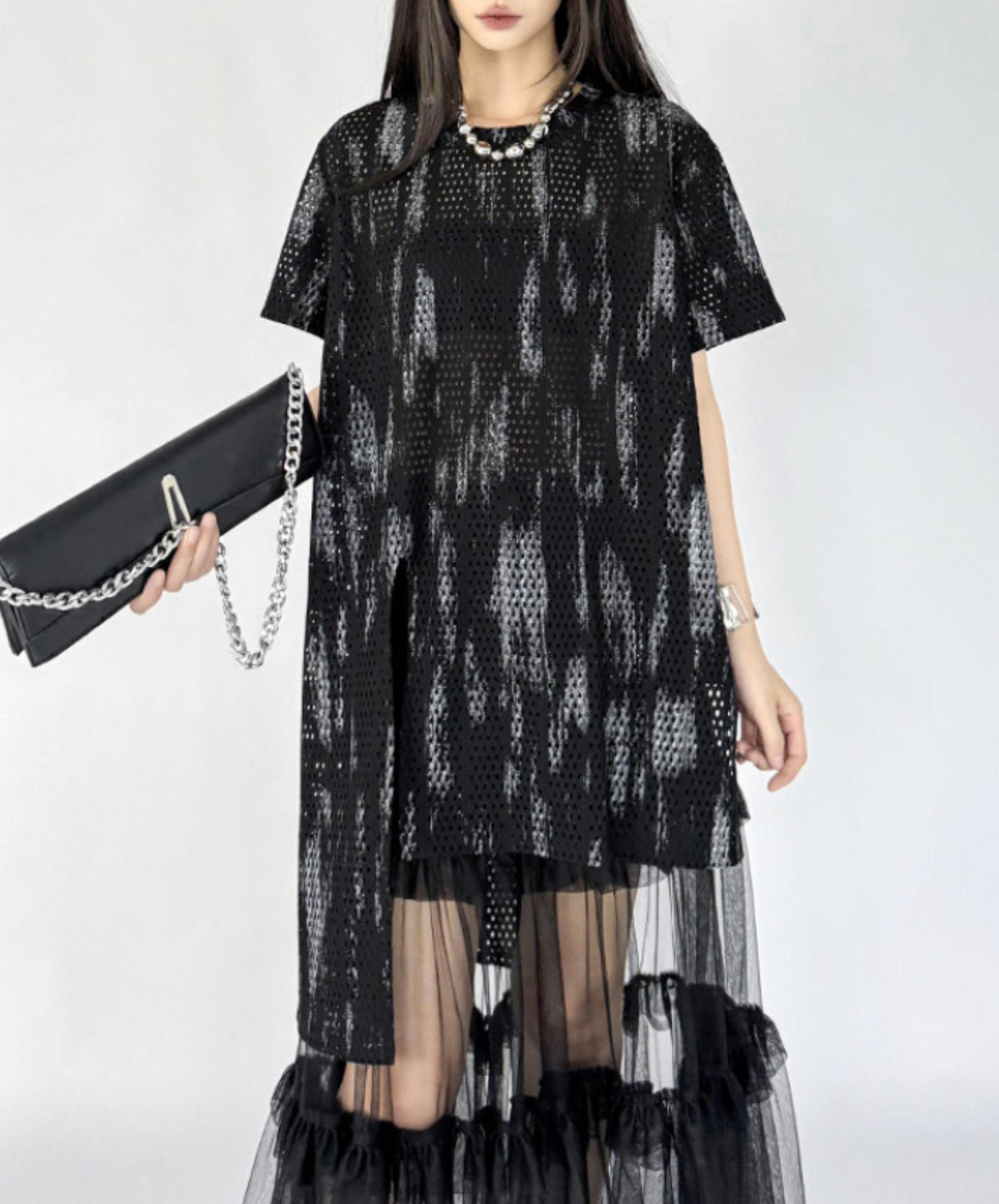 printed mesh asymmetrical t-shirt EN2840