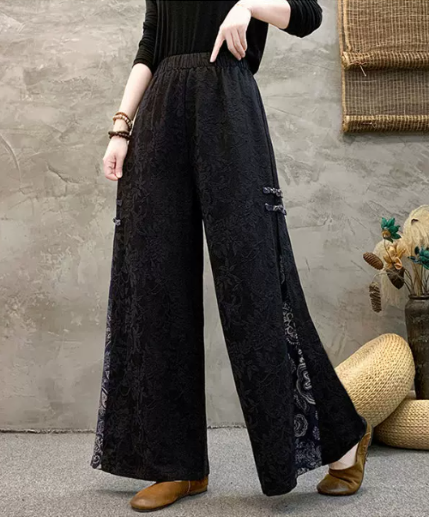 ethnic-style embroidered jacquard wide pants EN2887