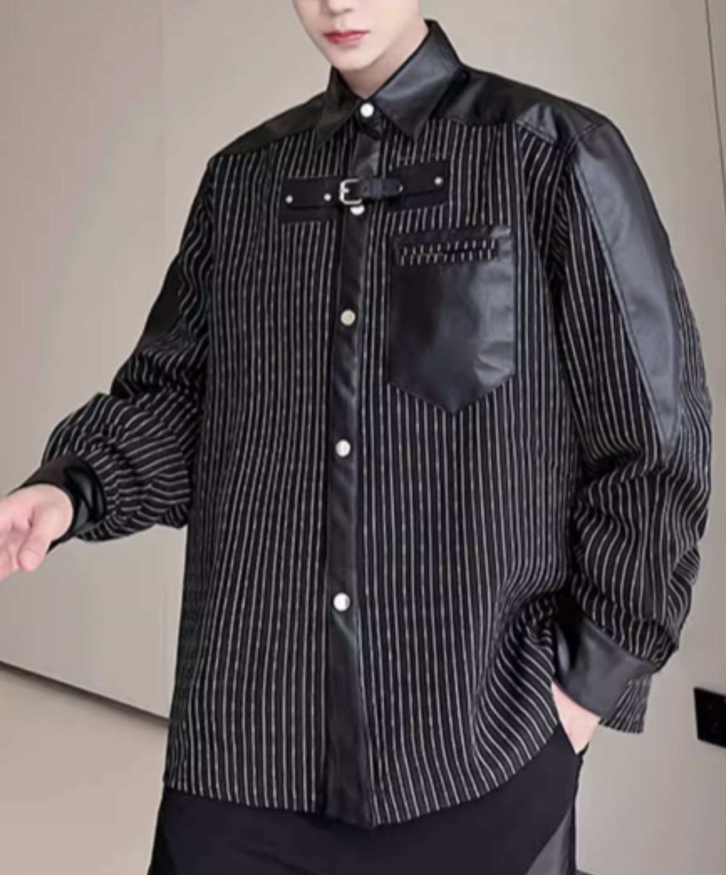 thin striped leather patchwork shirt EN2817