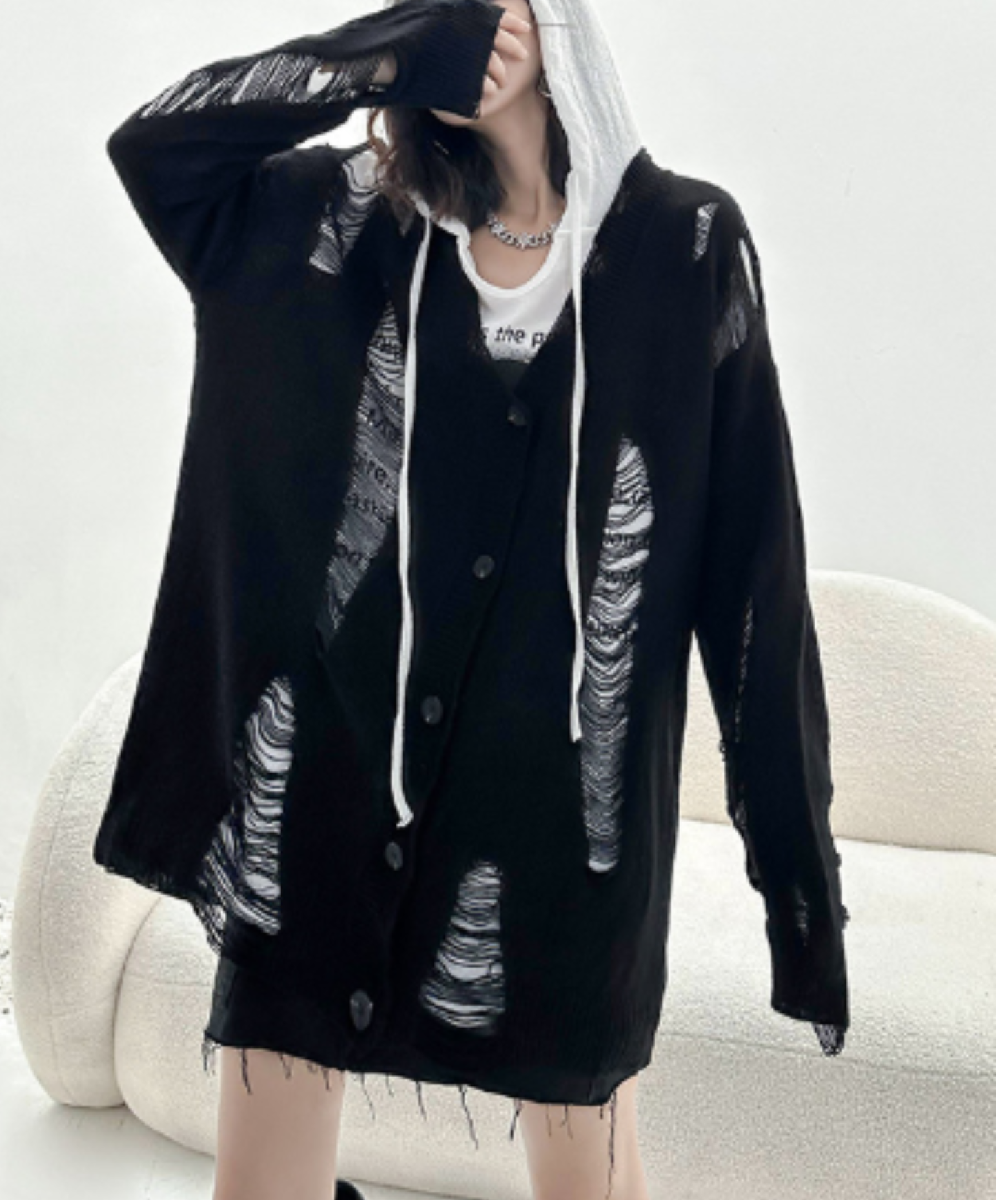 dolman-sleeve top with heavy distressing cardigan EN3123
