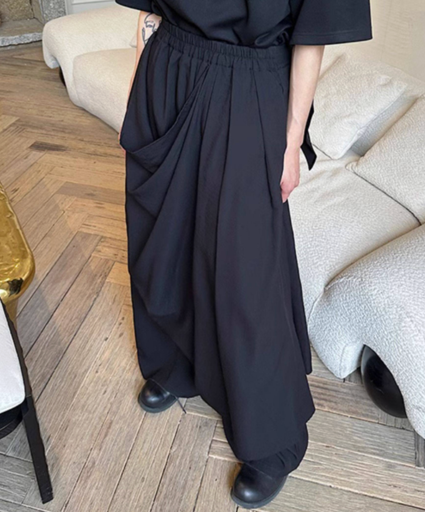 dark draped double skirt pants EN2691