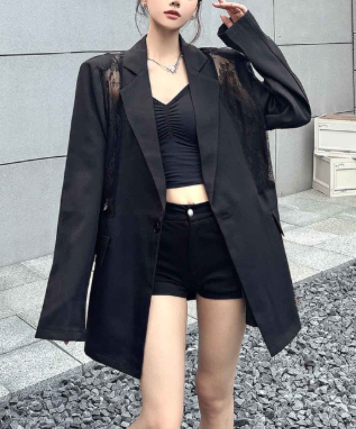sheer lace panel design jacket EN3184