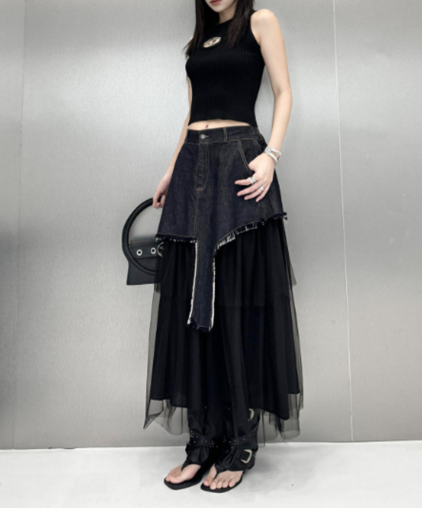 asymmetrical denim patchwork mesh design skirt EN3066