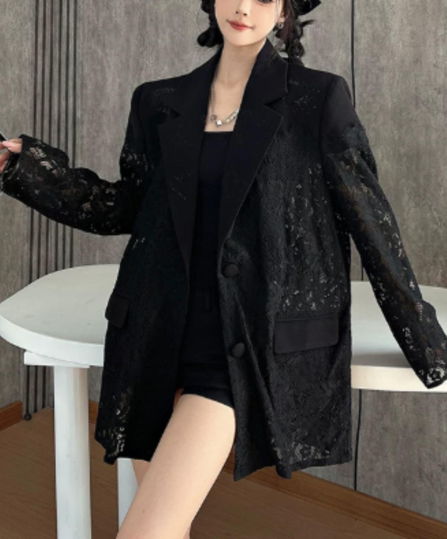 dark lace-panelled openwork design jacket EN3139