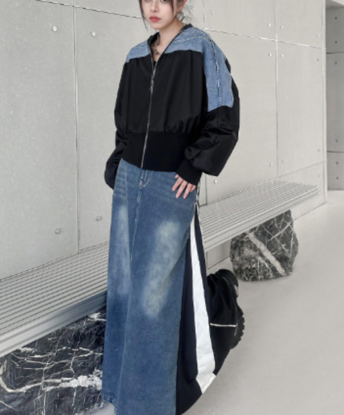 cropped denim patchwork style zipper jacket EN3112