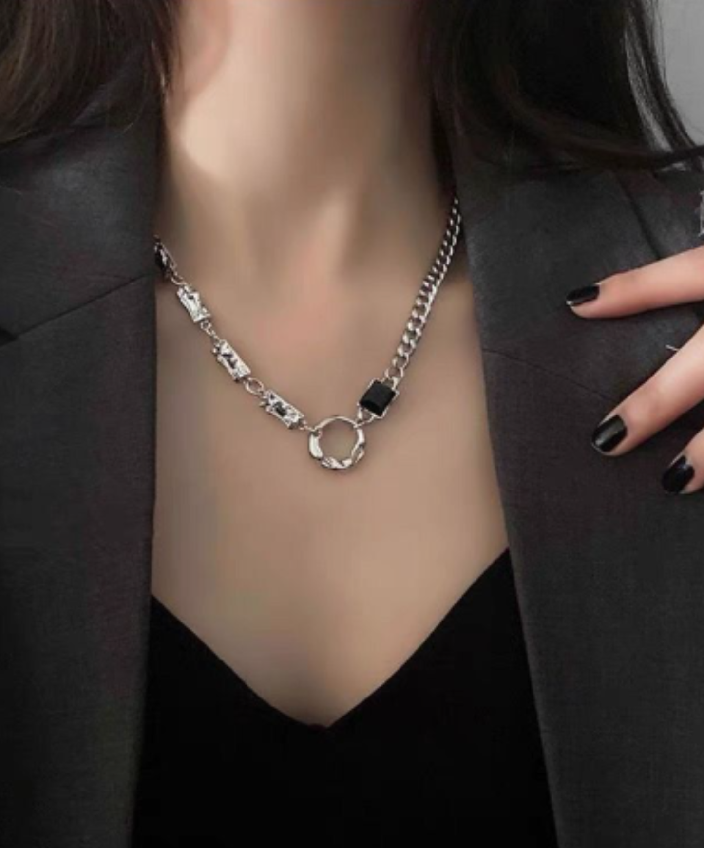 black crystal and titanium chain necklace EN3035
