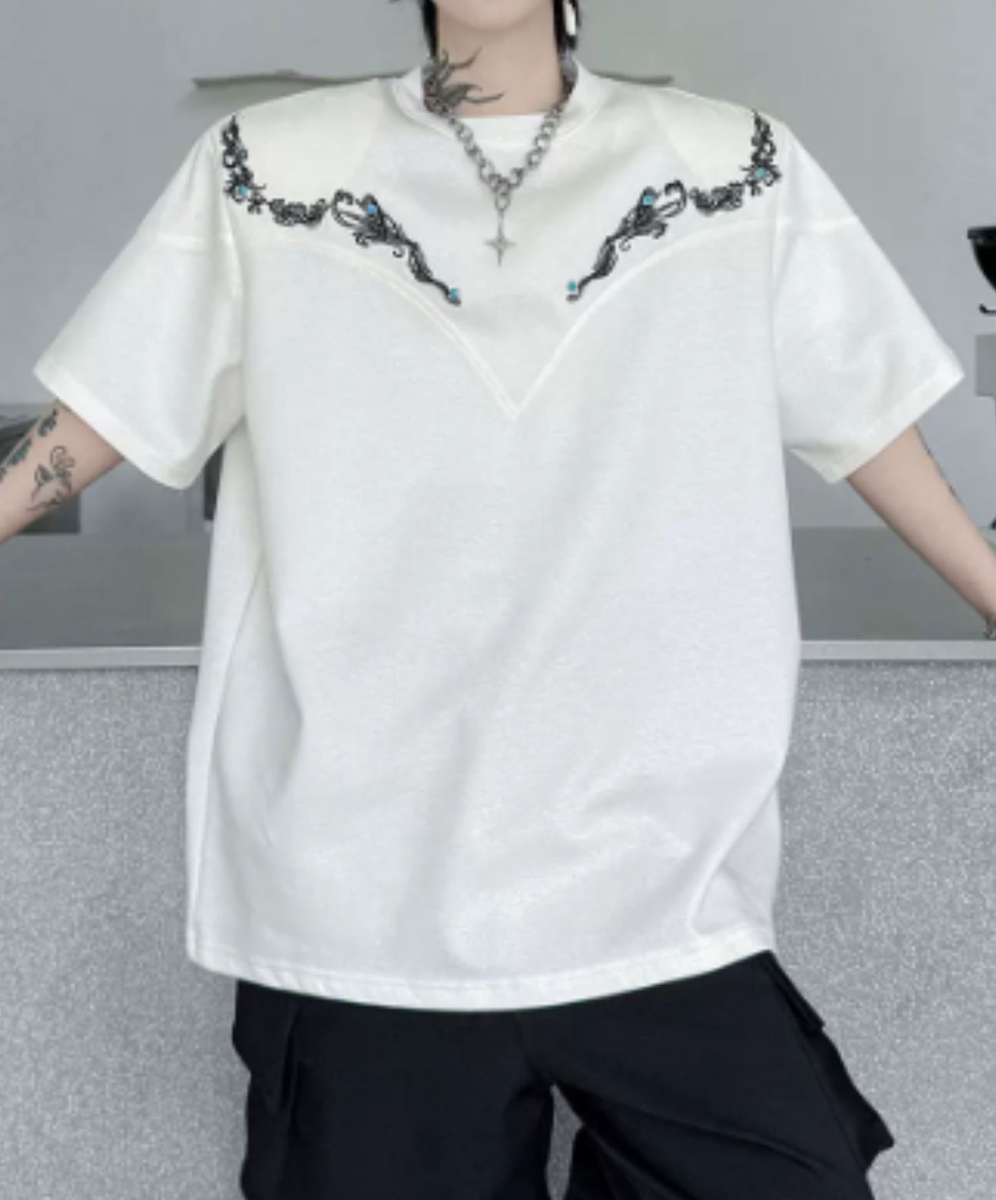 retro embroidery beads t-shirt EN2873