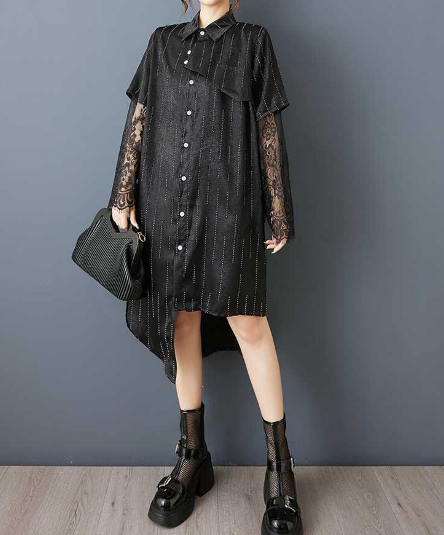diamond stripe stitch lace long shirt EN2837