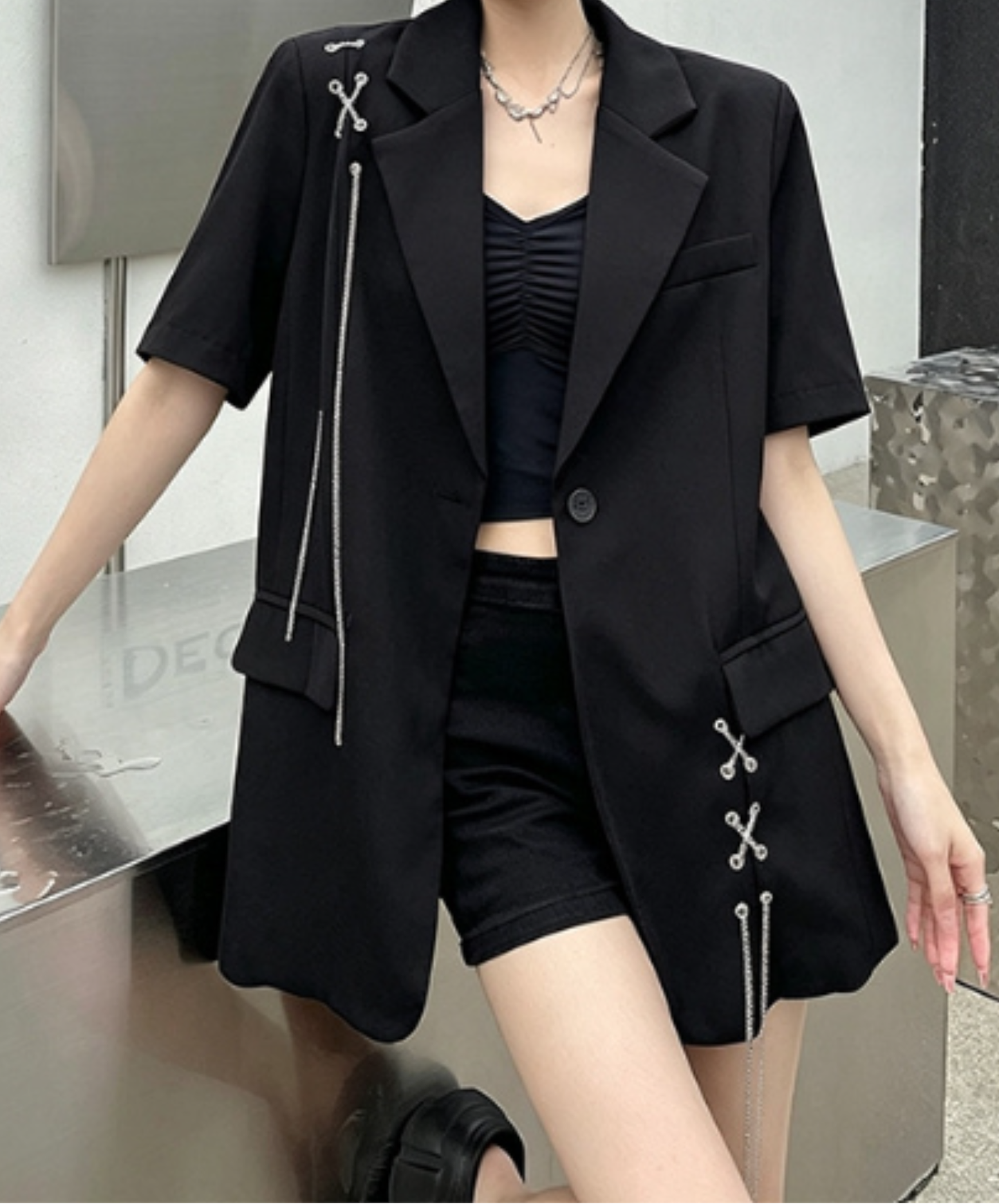 lace-up chain design jacket EN3005