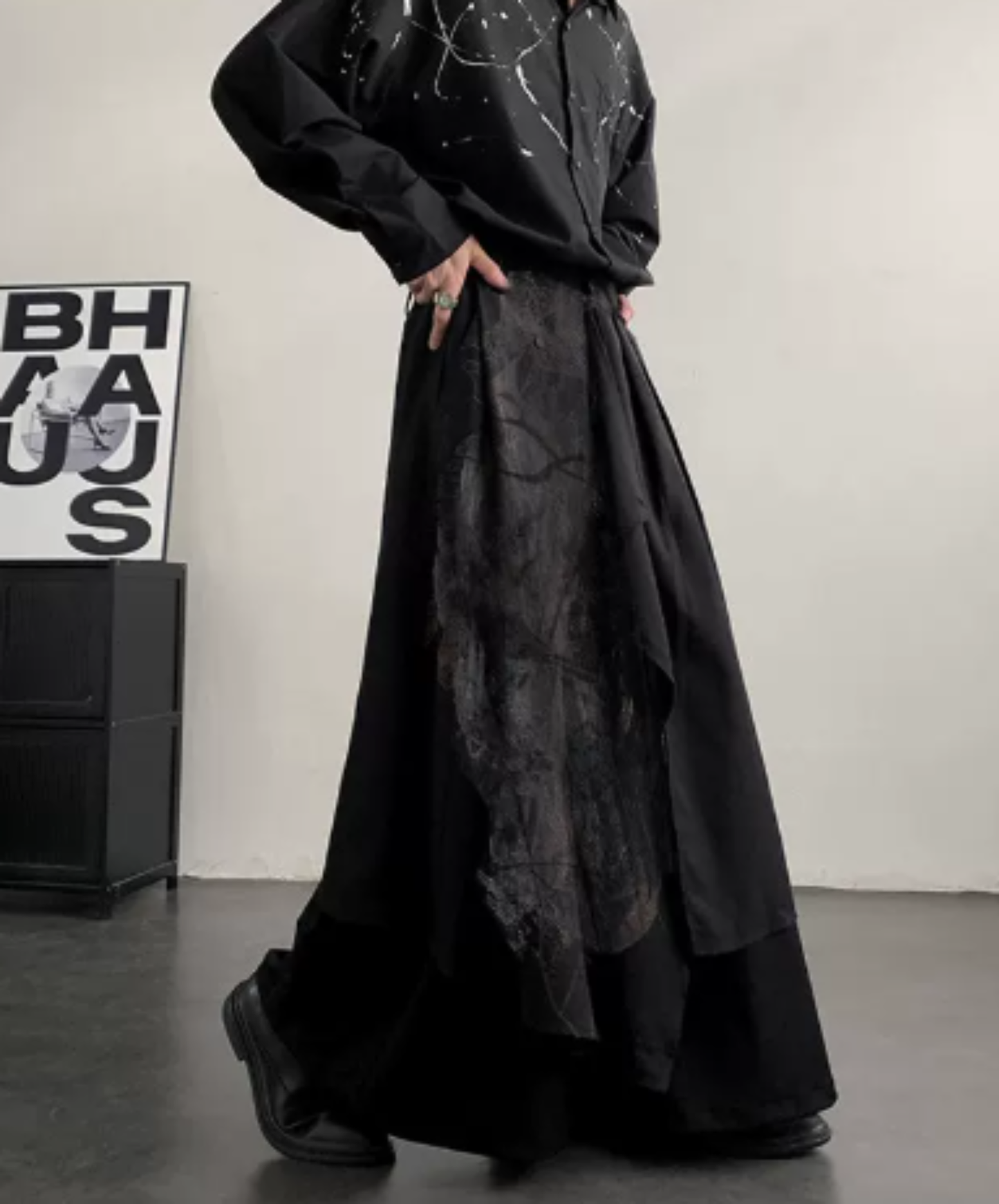 dark irregular faux two-piece wide pants EN3026
