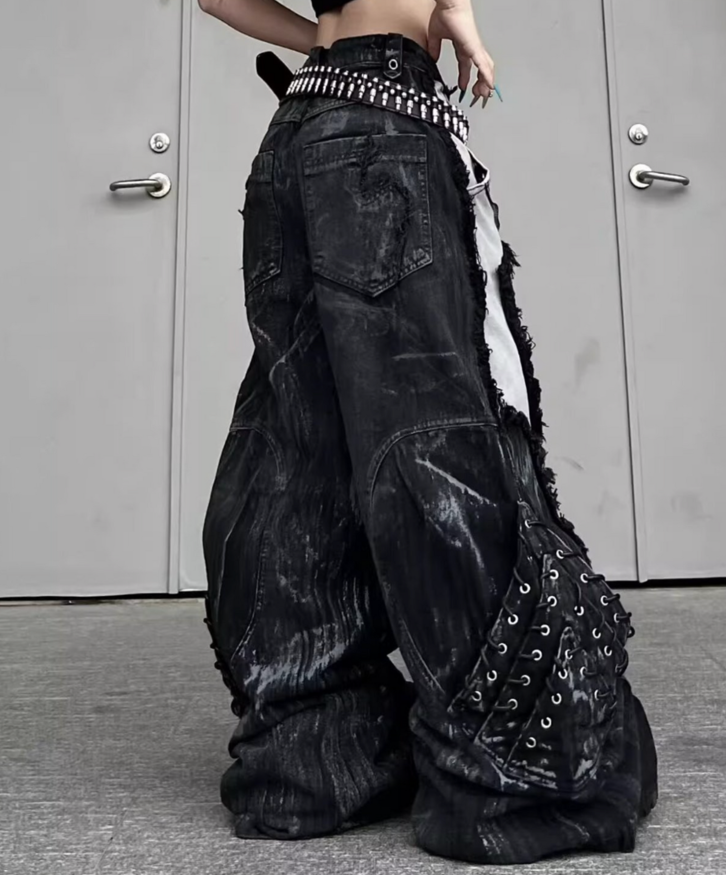 high damage lace up wide pants EN2628