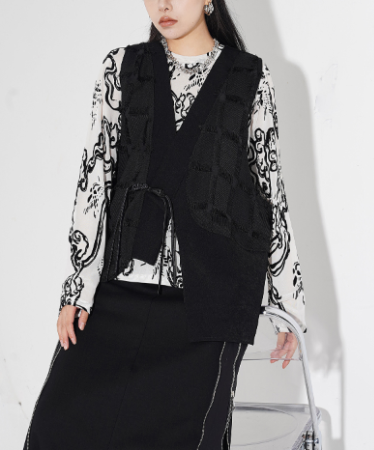 dark asymmetric design with fringe buttons vest  EN3009