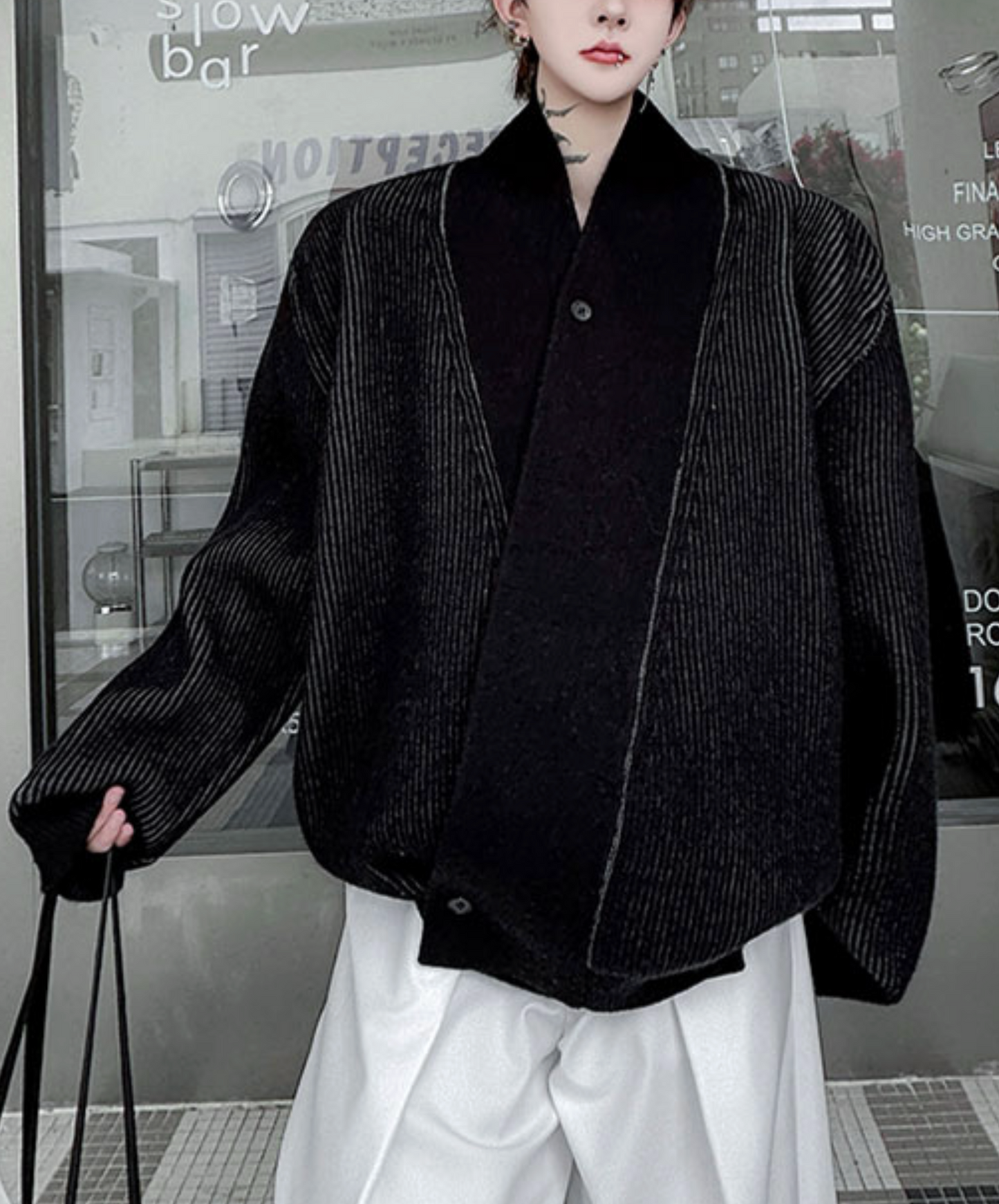 plain x striped knit cardigan EN2531