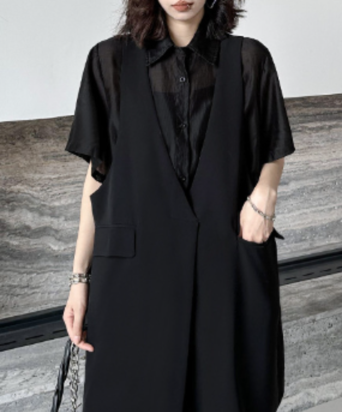 dark fake two-piece loose sheer shirt EN2977