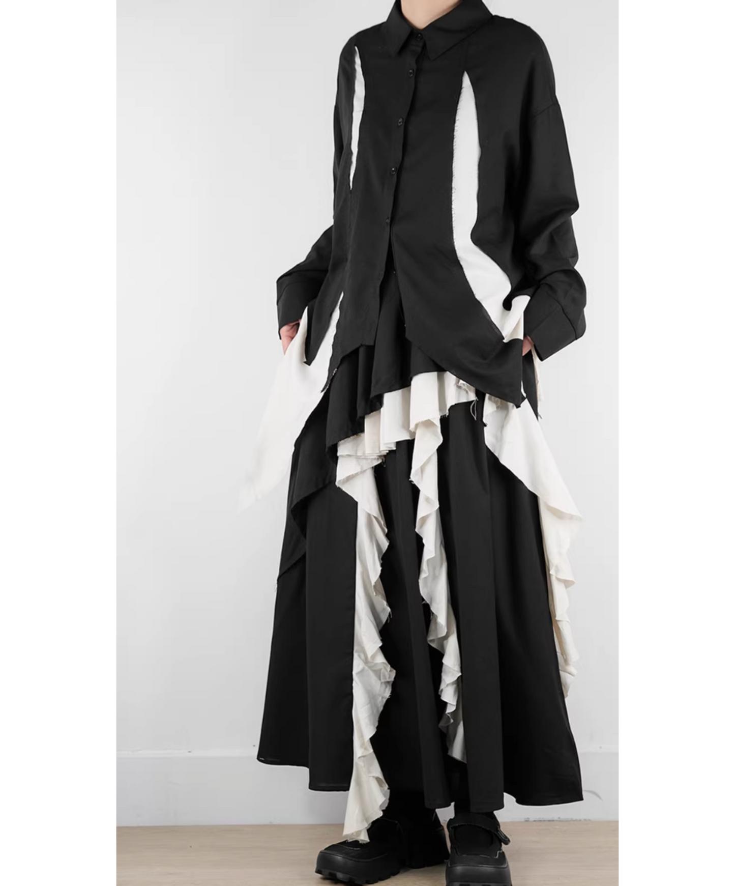 dark Irregular fringe color block shirt EN2808