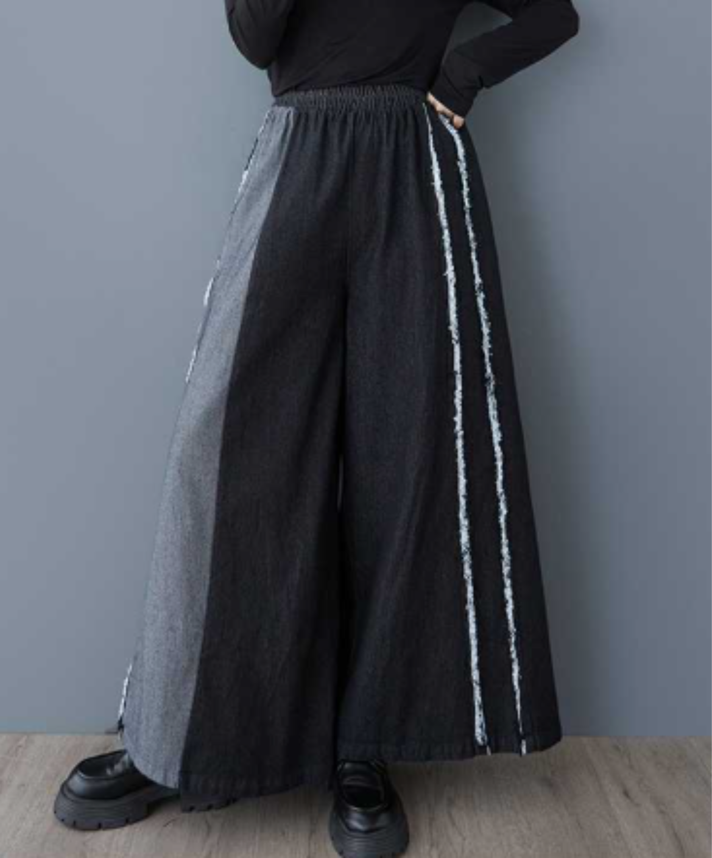 two-tone patchwork fringe wide pants EN3052
