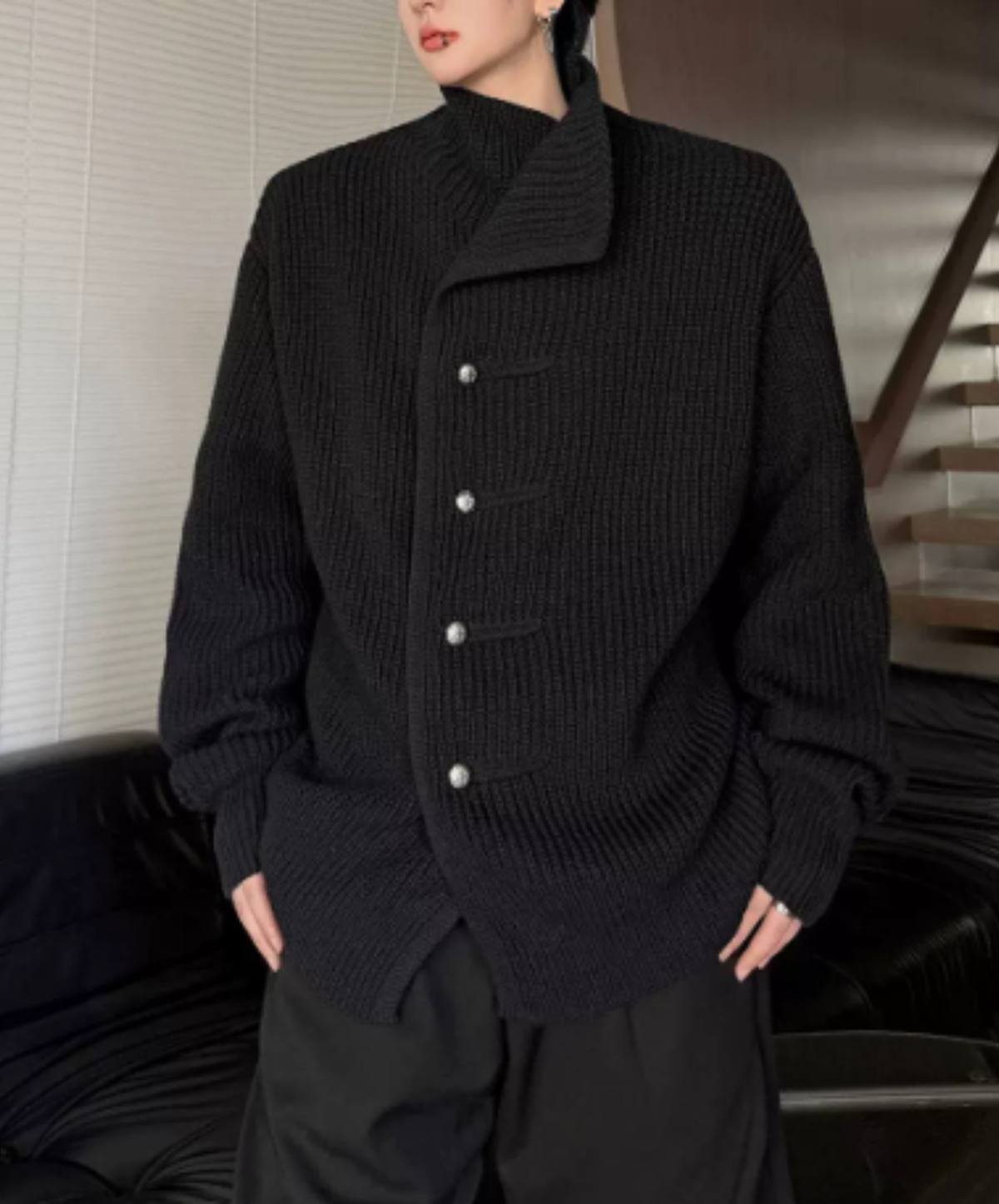 high-neck raised-relief knitting cardigan EN3256