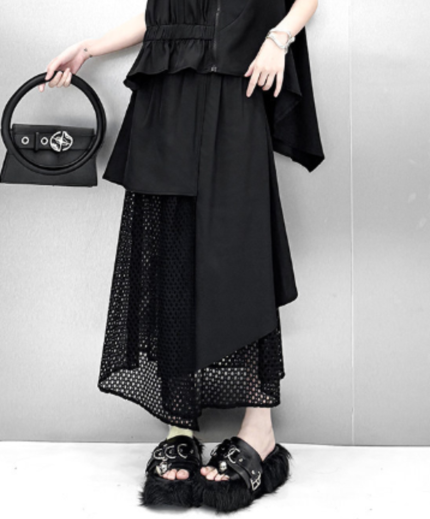 dark irregular design mesh long skirt EN2947