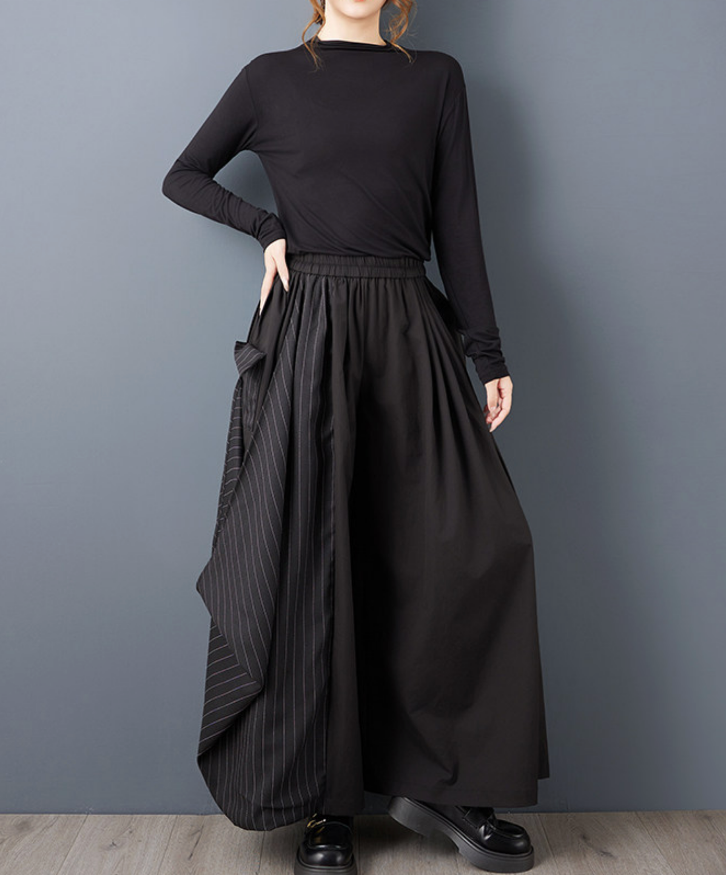 dark fine striped drape wide pants EN2779