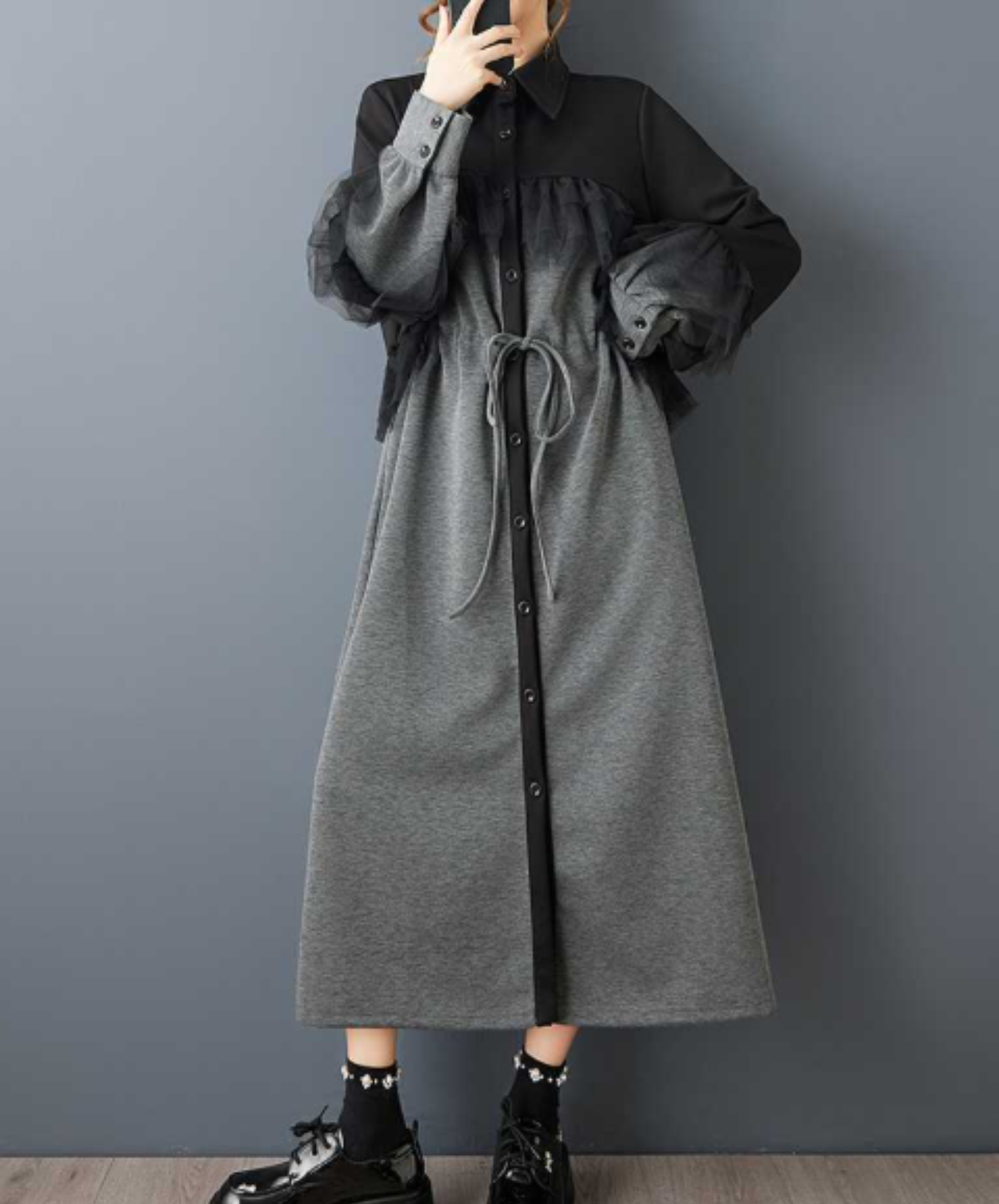 drawstring design tulle ruffle detailing long shirt EN3234