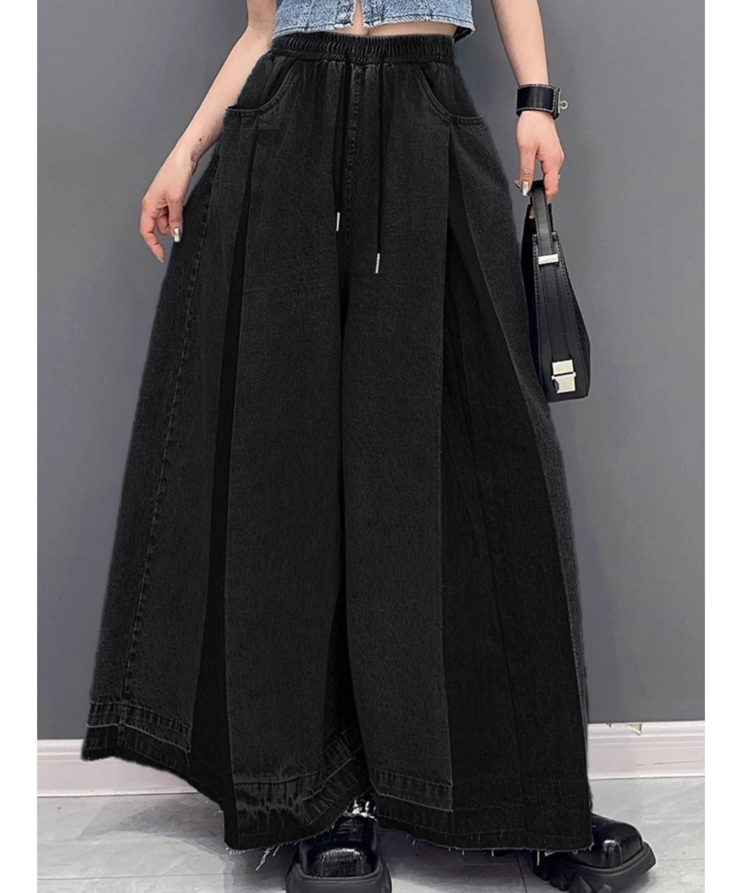 two-tone pleated denim wide pants EN2693