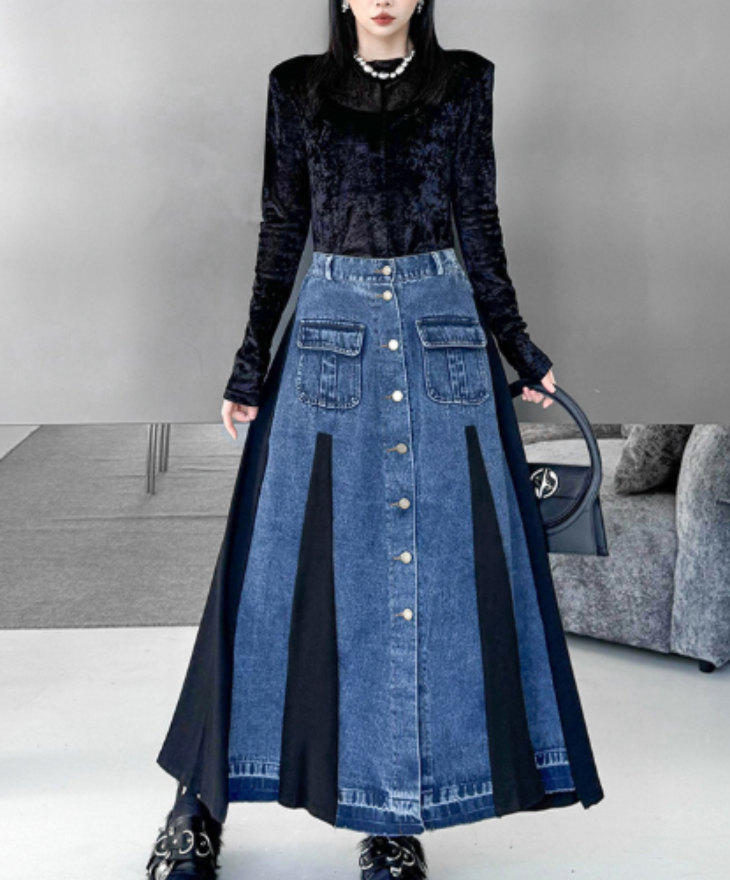 a-line denim patchwork piece skirt EN3113