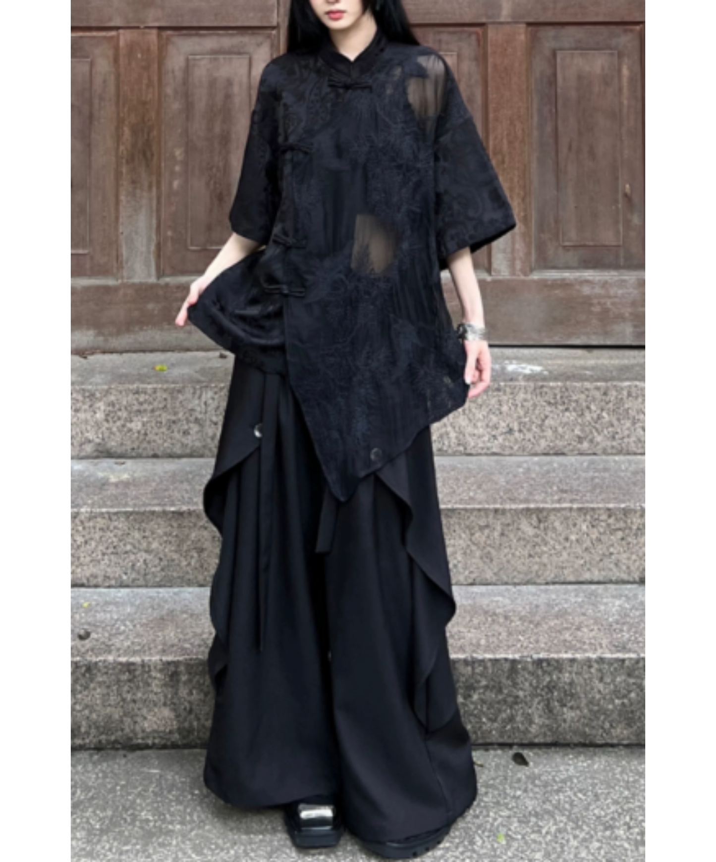 chinese-style embroidered jacquard sheer shirt EN3024