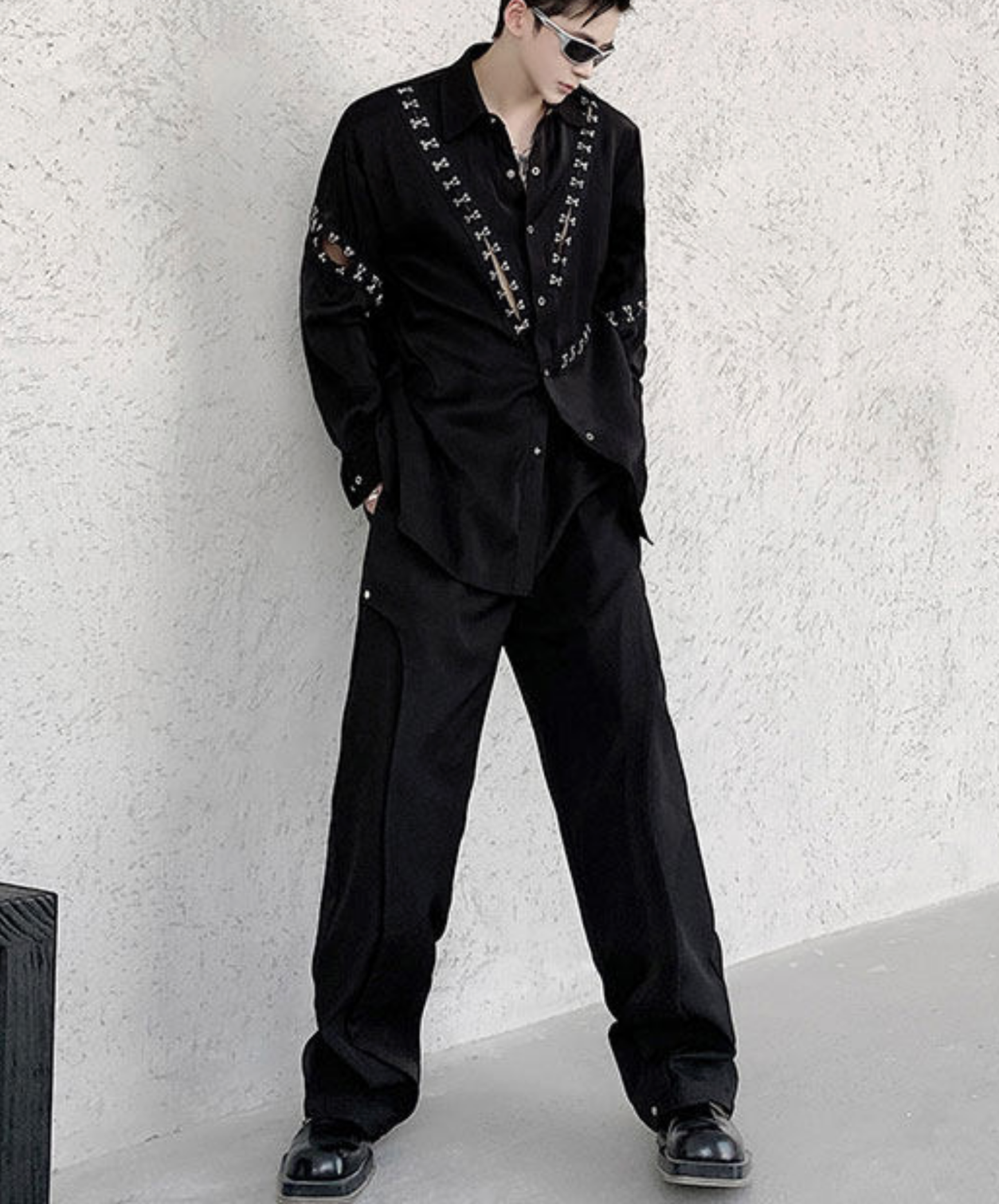 dark metal parts patchwork design shirt EN2782