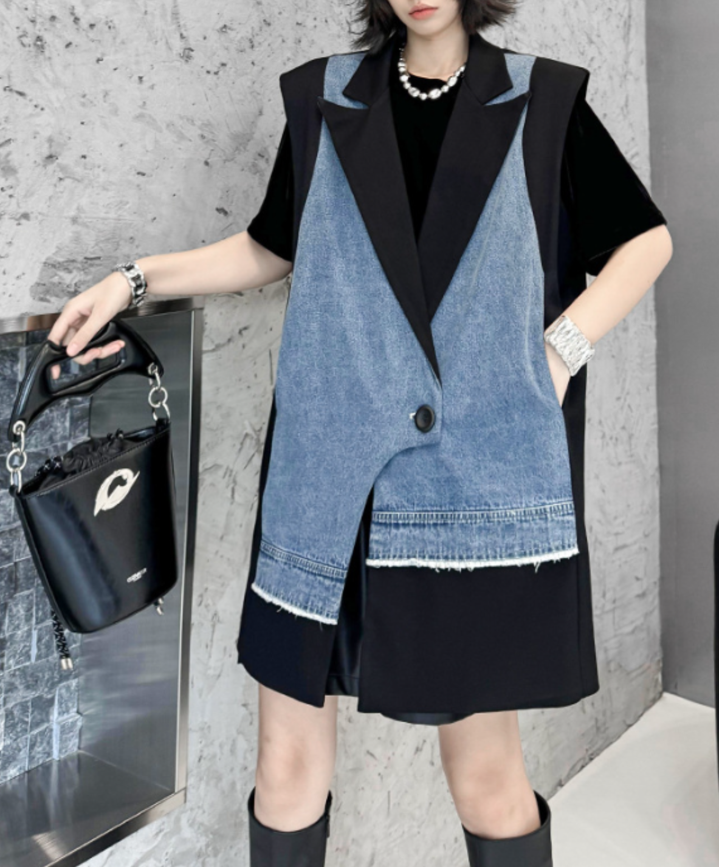 denim patchwork asymmetric vest EN2893