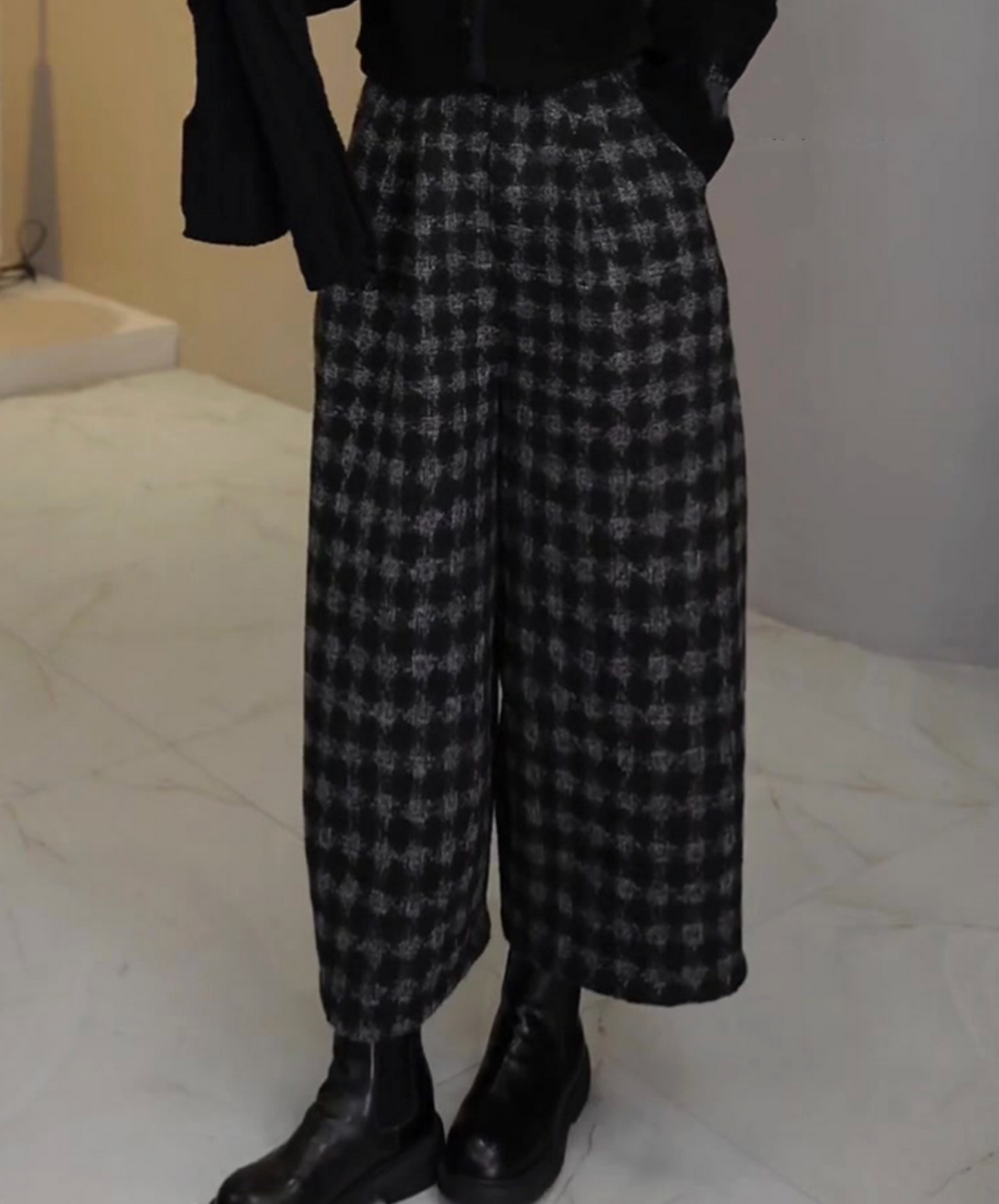 dark retro check cropped wide pants EN2736