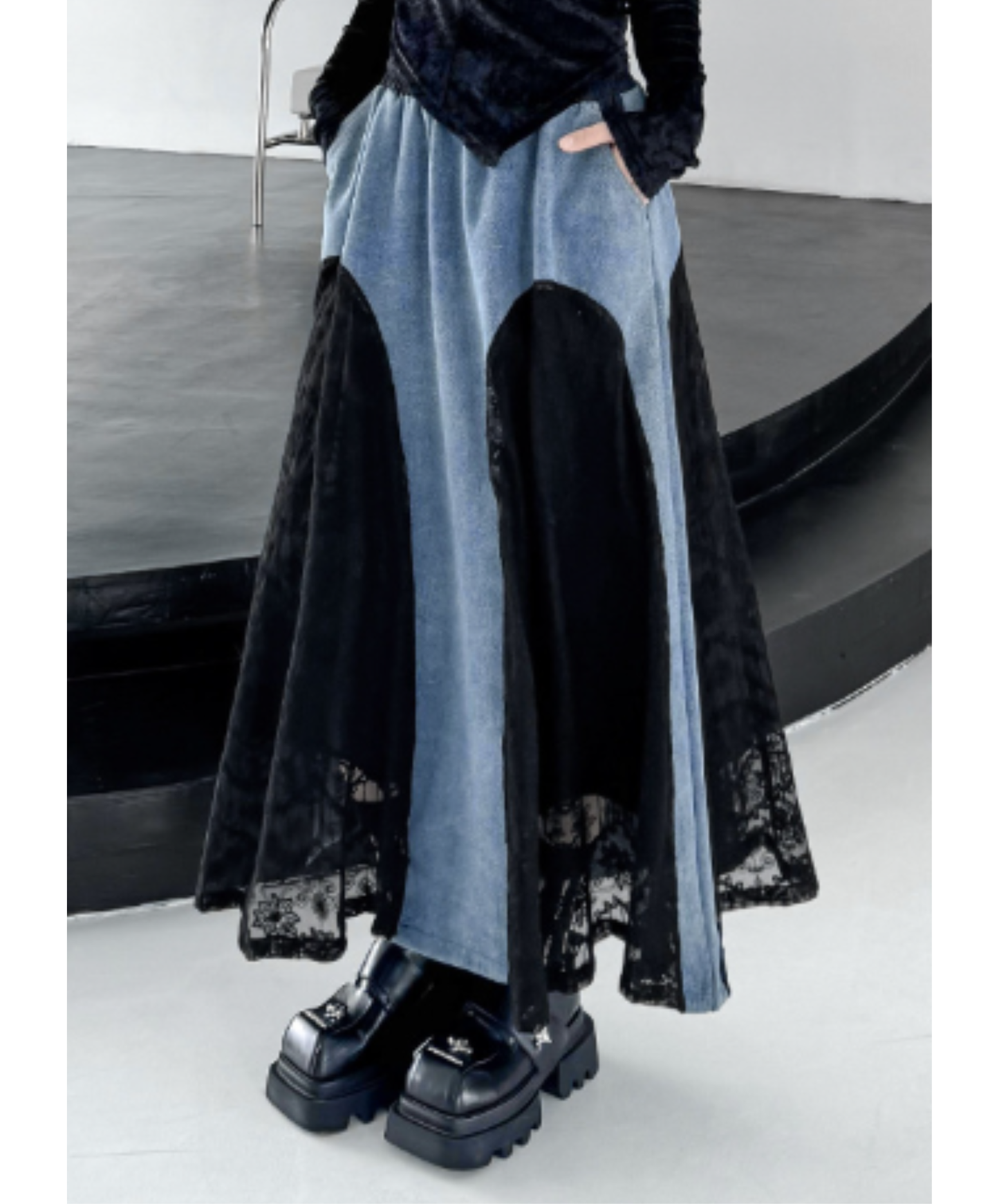 denim x lace patchwork skirt EN2894