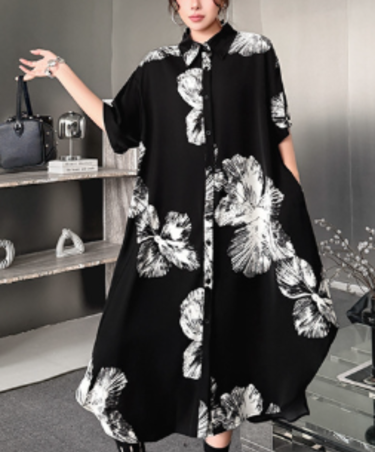 dark retro print relaxed fit long shirt EN2986