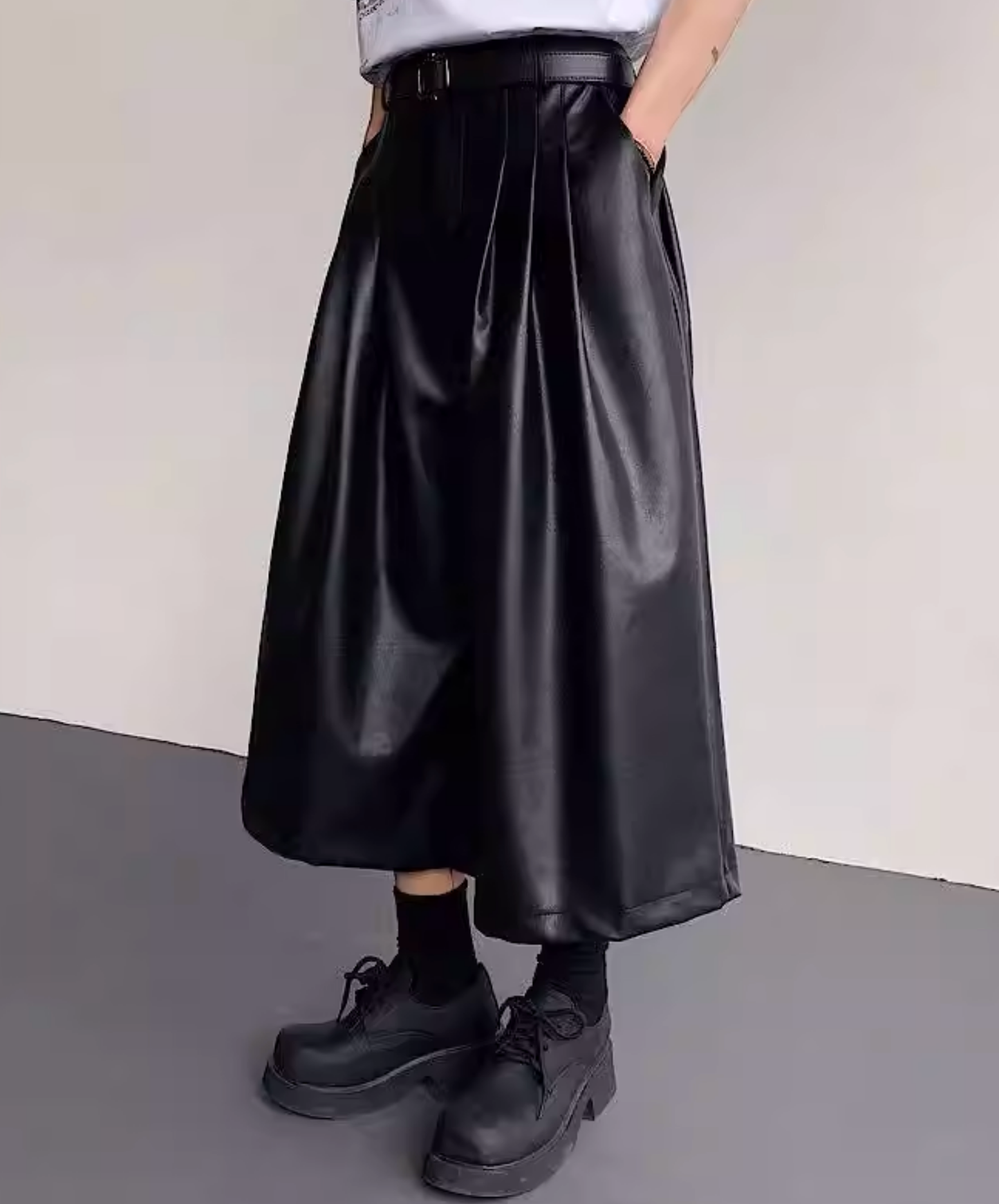 pu leather mid-length wide pants EN2835