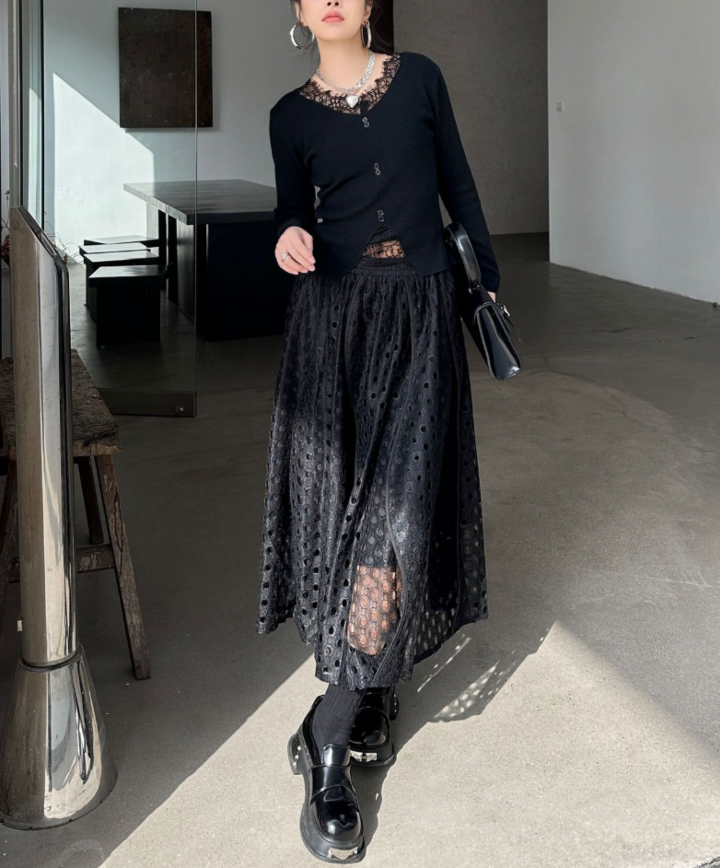 dark eyelet lace a-line skirt EN2335