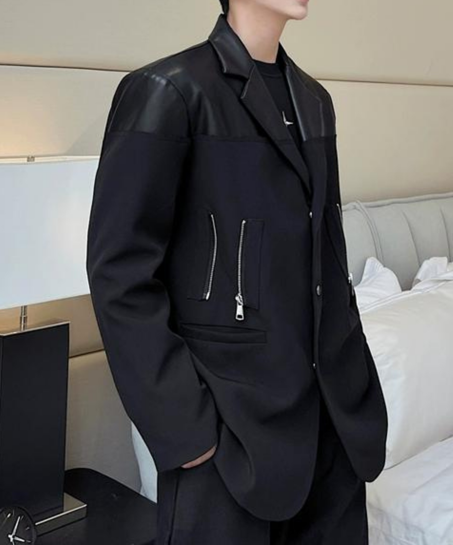 shoulder leather zip suit jacket EN1121