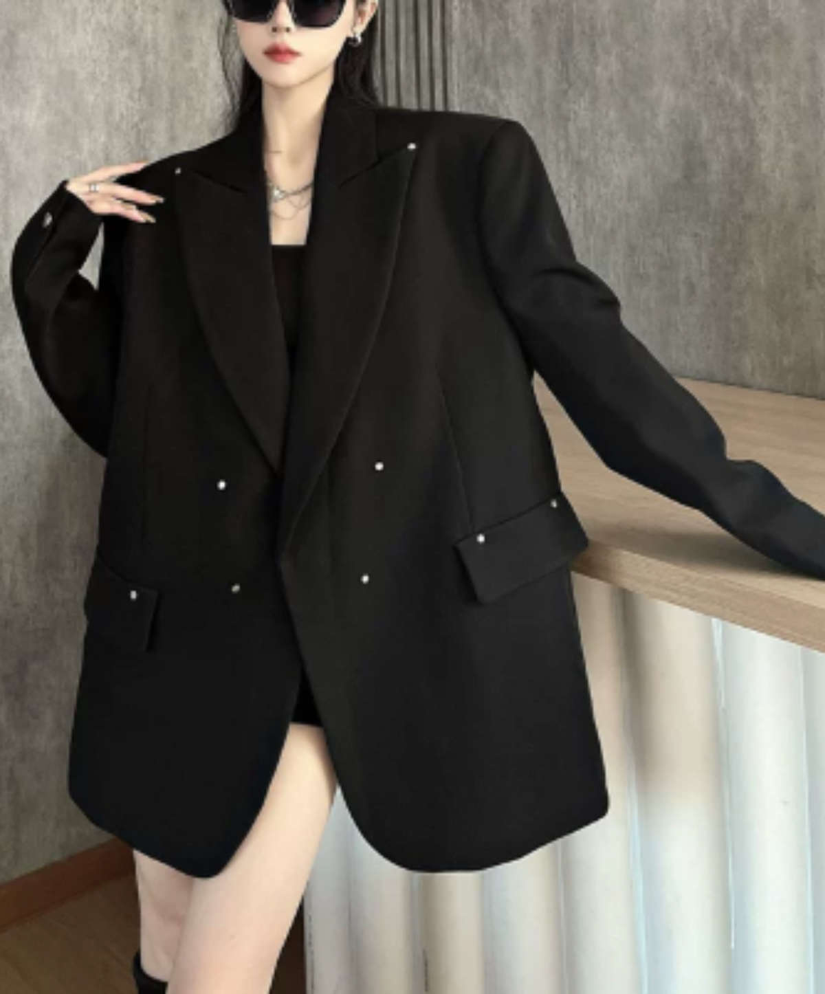 dark shaggy lapel mixed-material paneling jacket EN3190