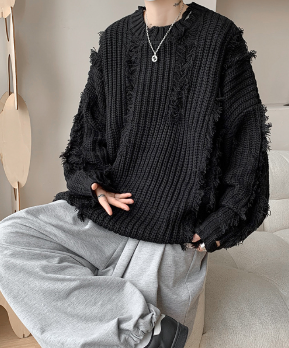 dark fringe-detail distressed finish sweater EN3177