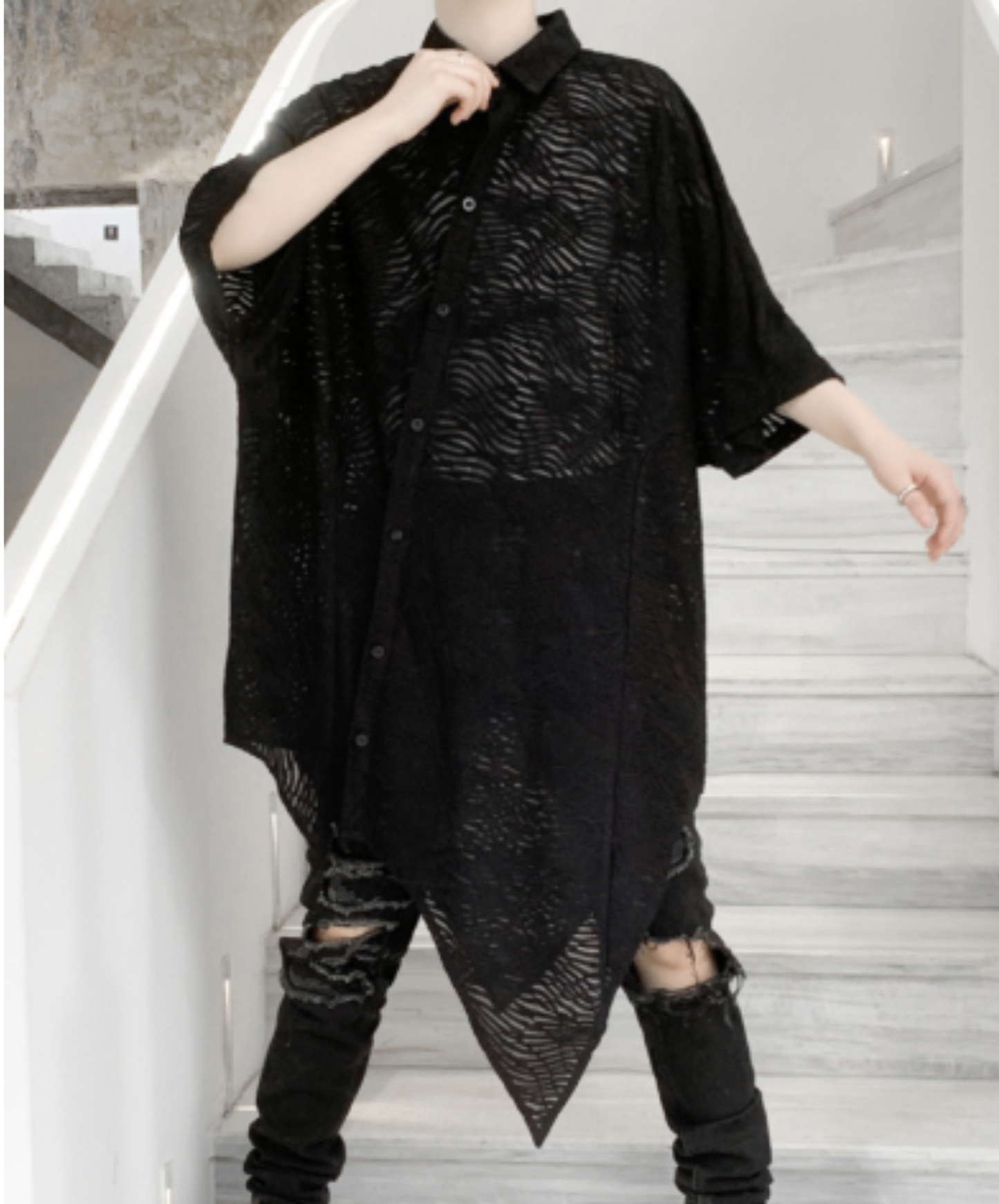 bat-shaped openwork pattern shirt EN3008