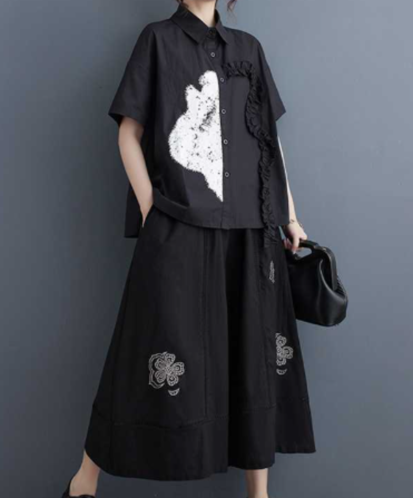 frill and ribbon splicing print shirt EN3080