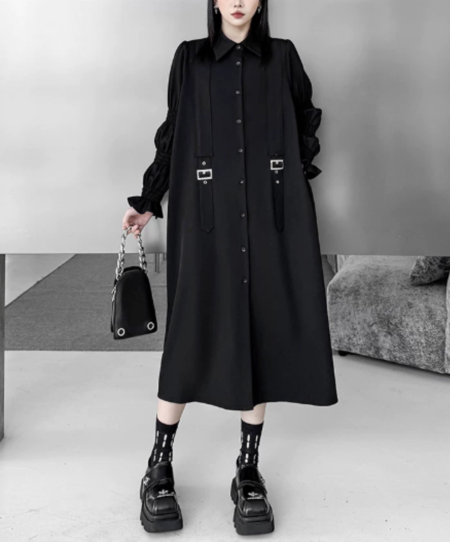 dark double-belt detail long shirt EN3015