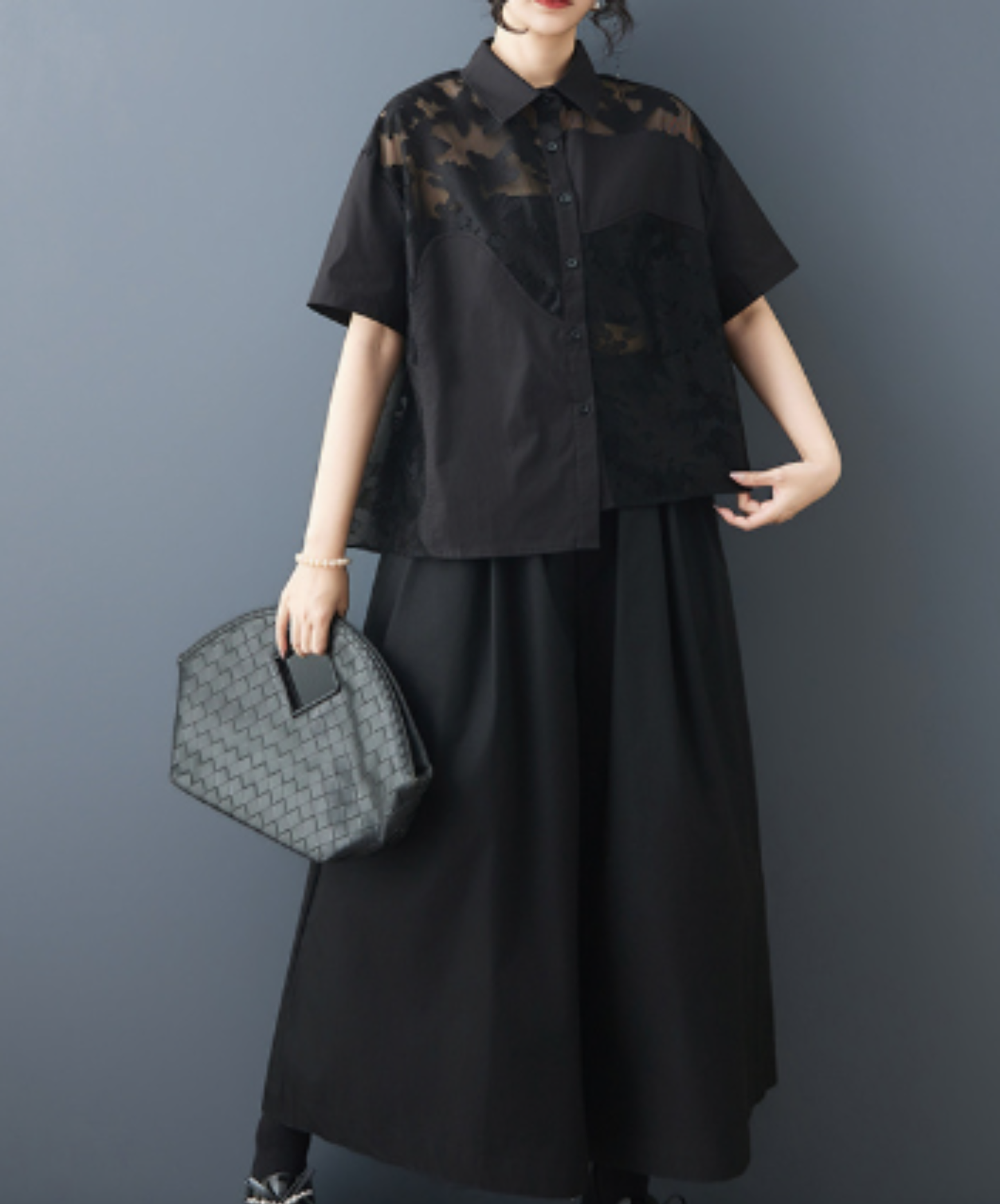 openwork patchwork sheer shirt EN2978
