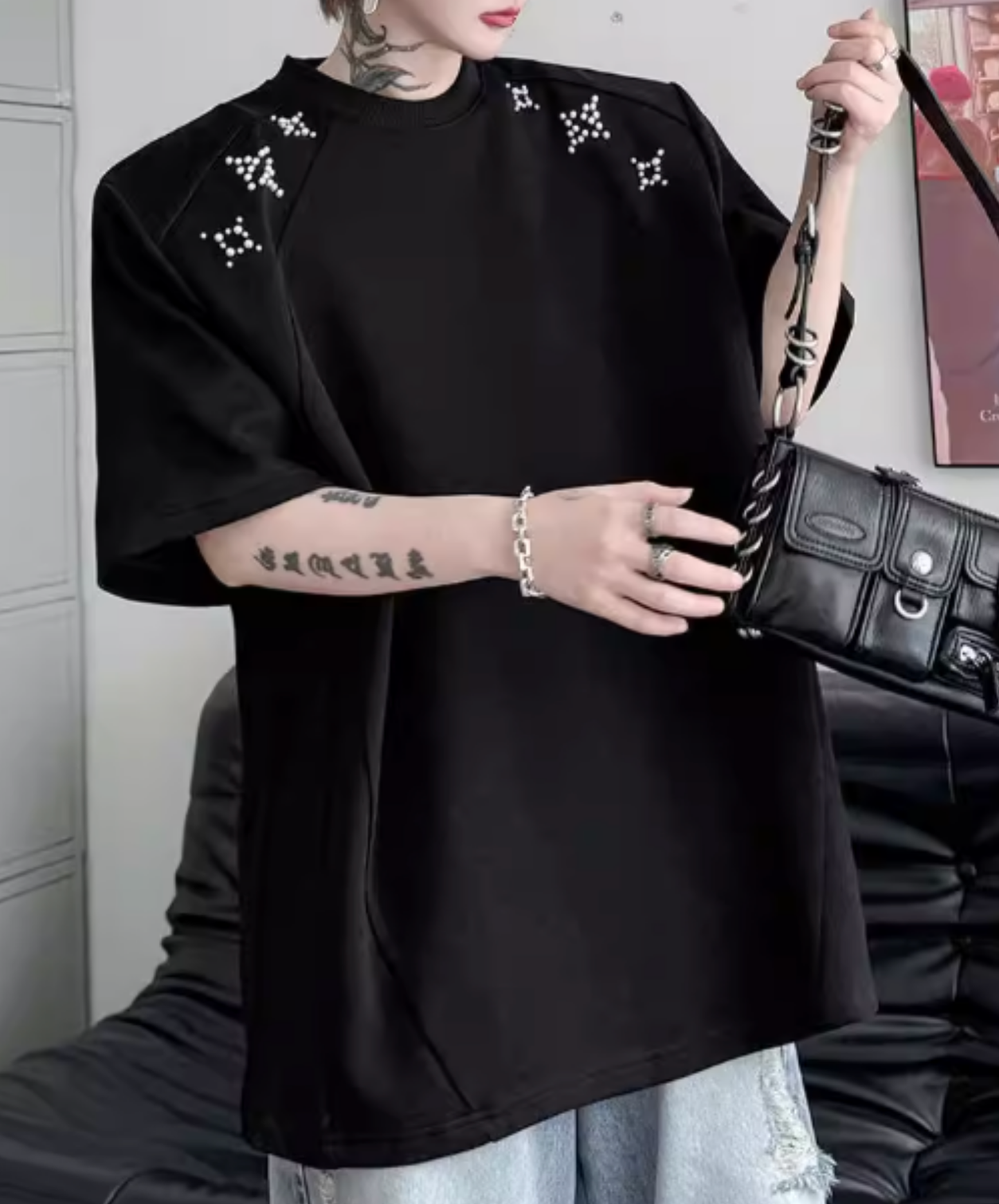 sparkling star motif bead decoration t-shirt EN2827