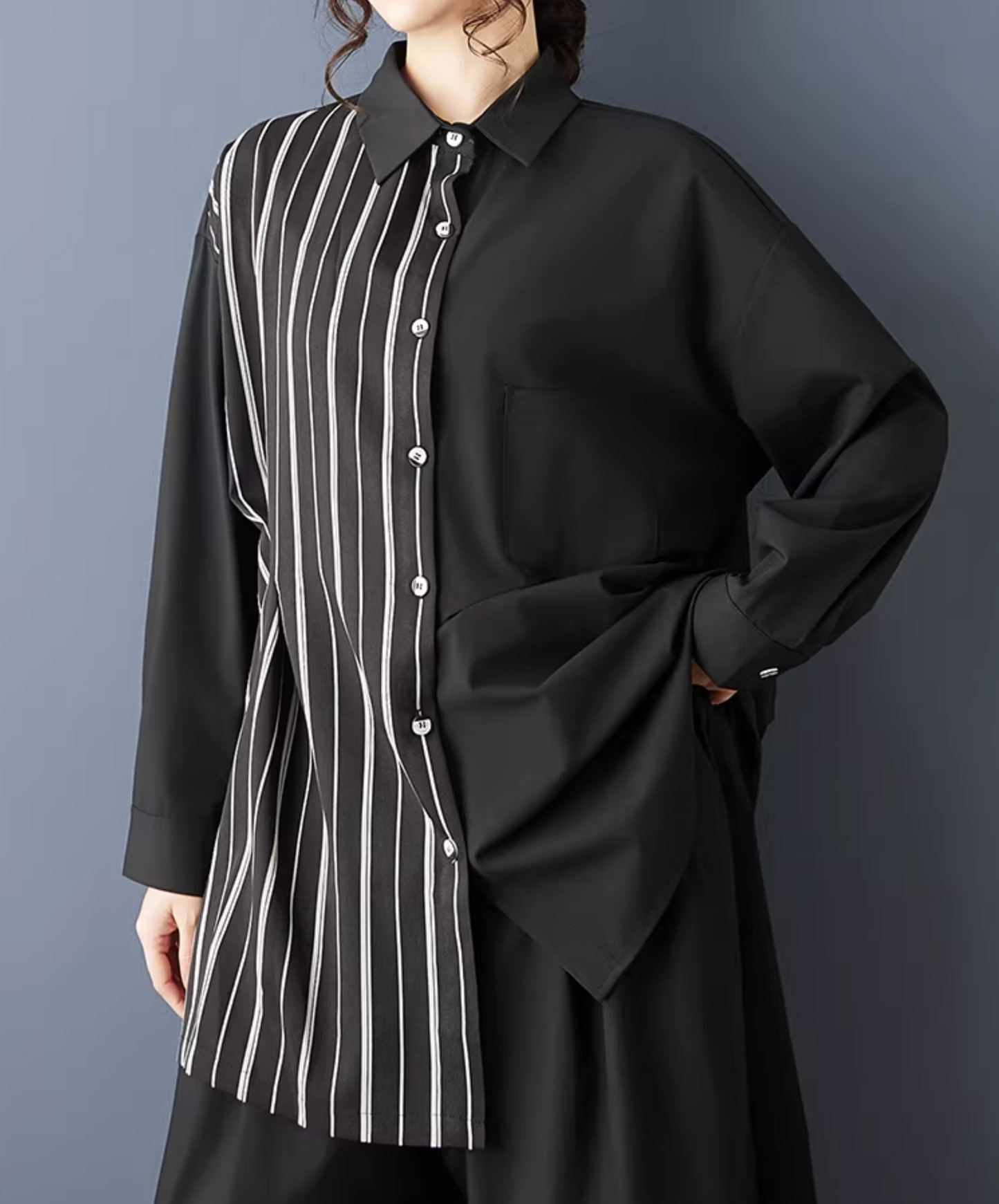 dark striped patchwork mid-length shirt EN2797