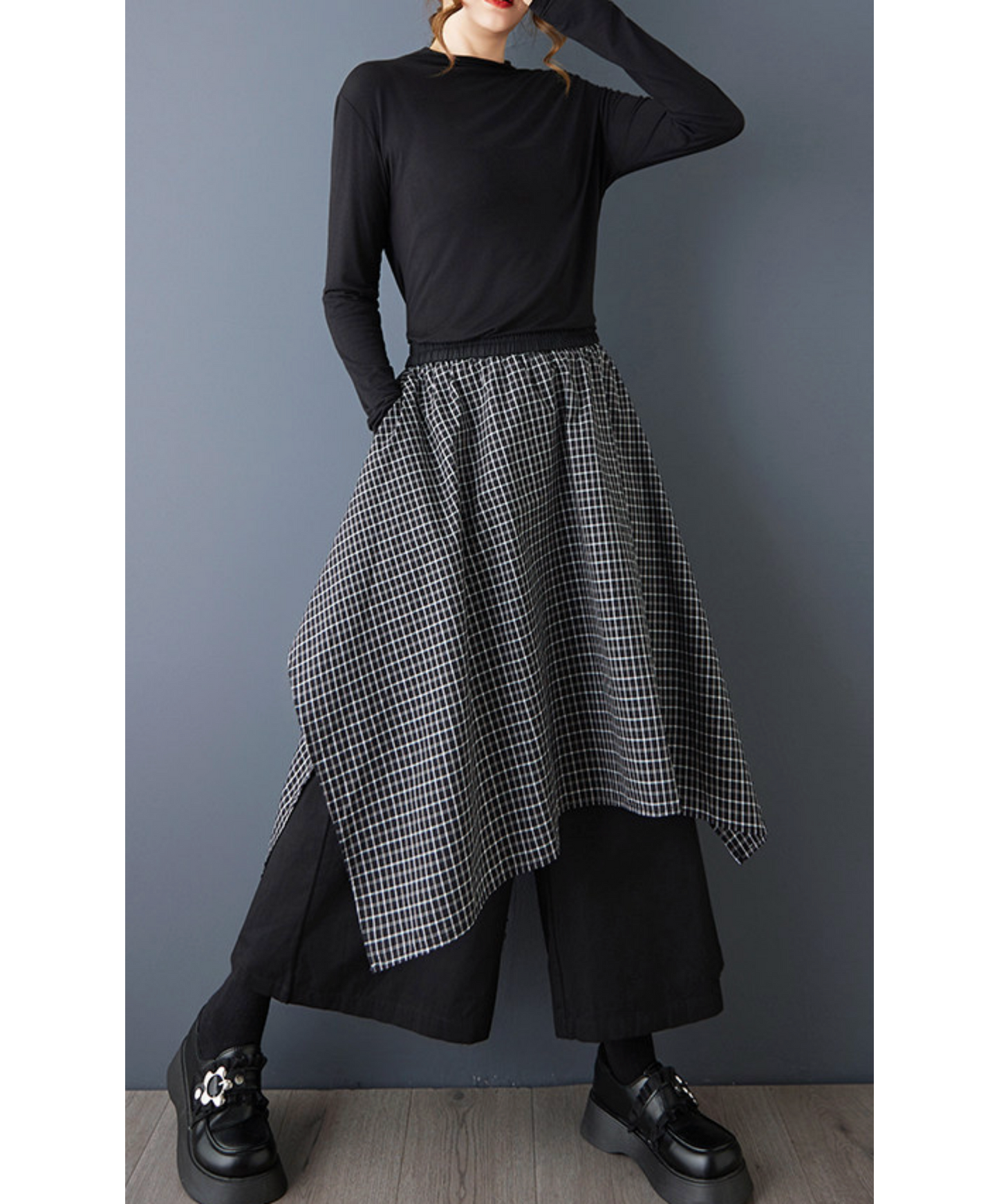 dark fake two-piece checkered flare wide pants EN2767