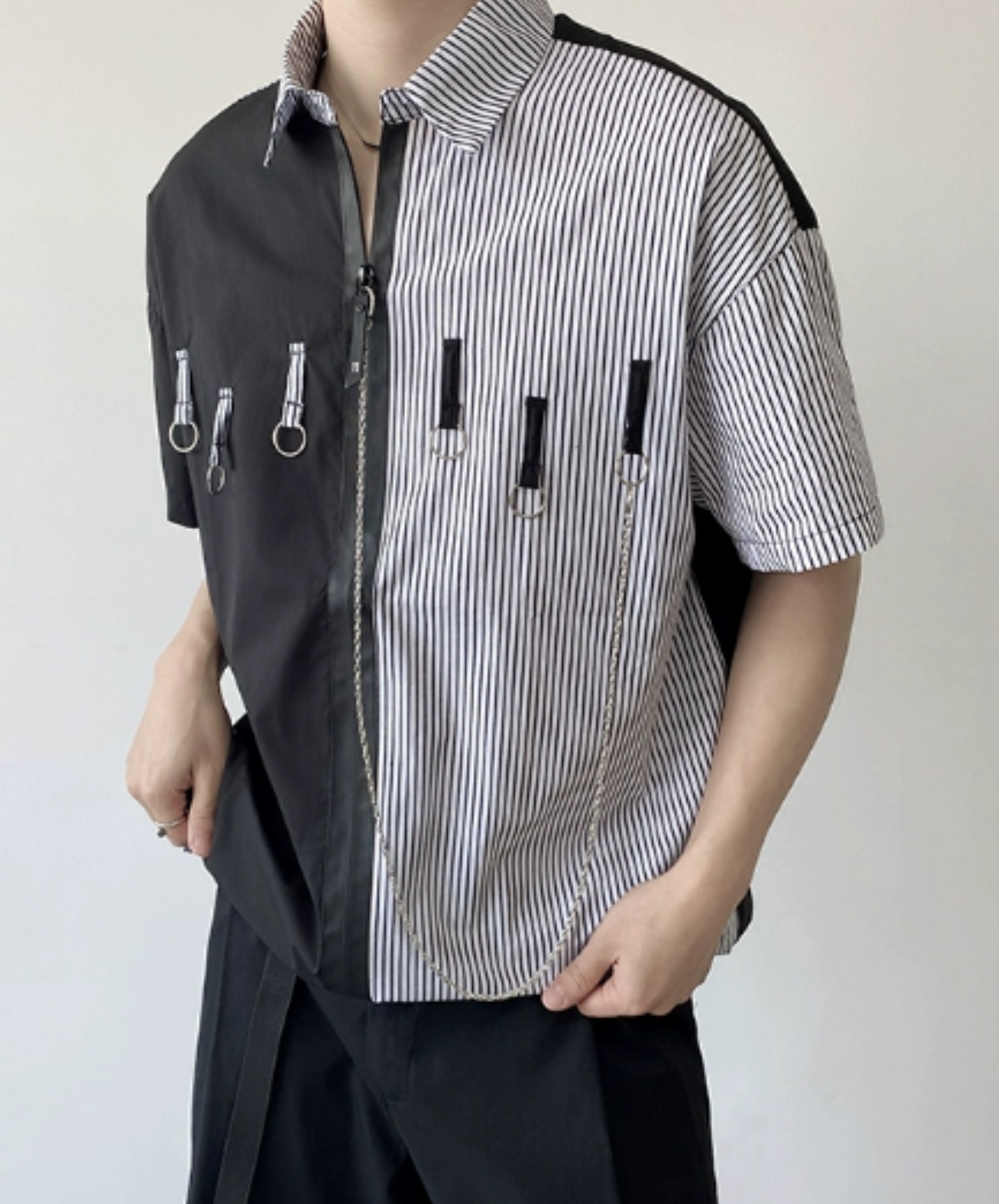 dark stripe switching design zip shirt EN1097