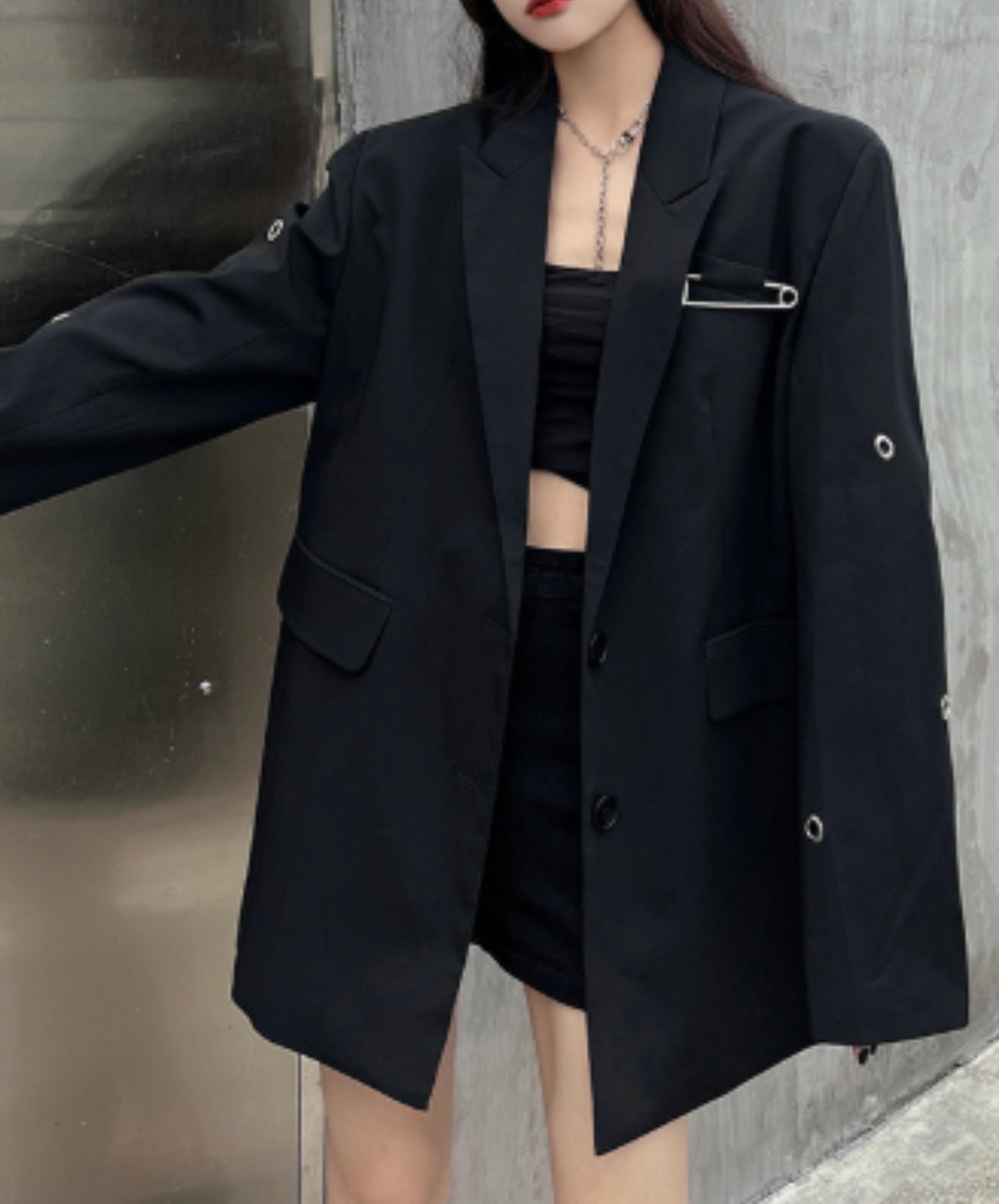 oversized safety pin and eyelet accents jacket EN3164