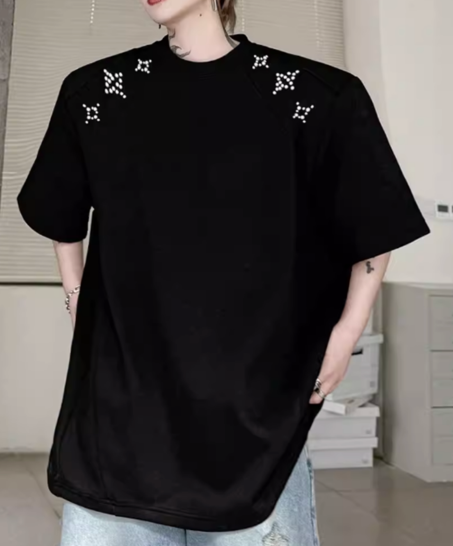 sparkling star motif bead decoration t-shirt EN2827