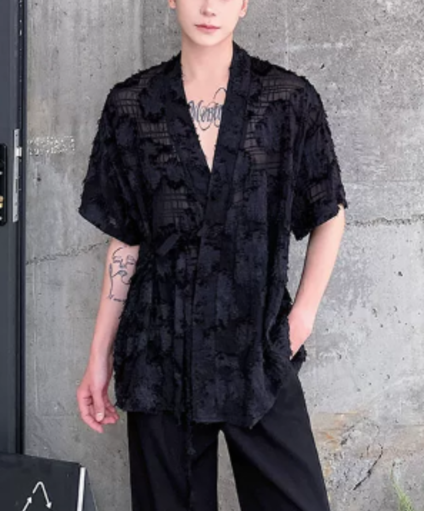 jacquard v-neck sheer shirt EN3020