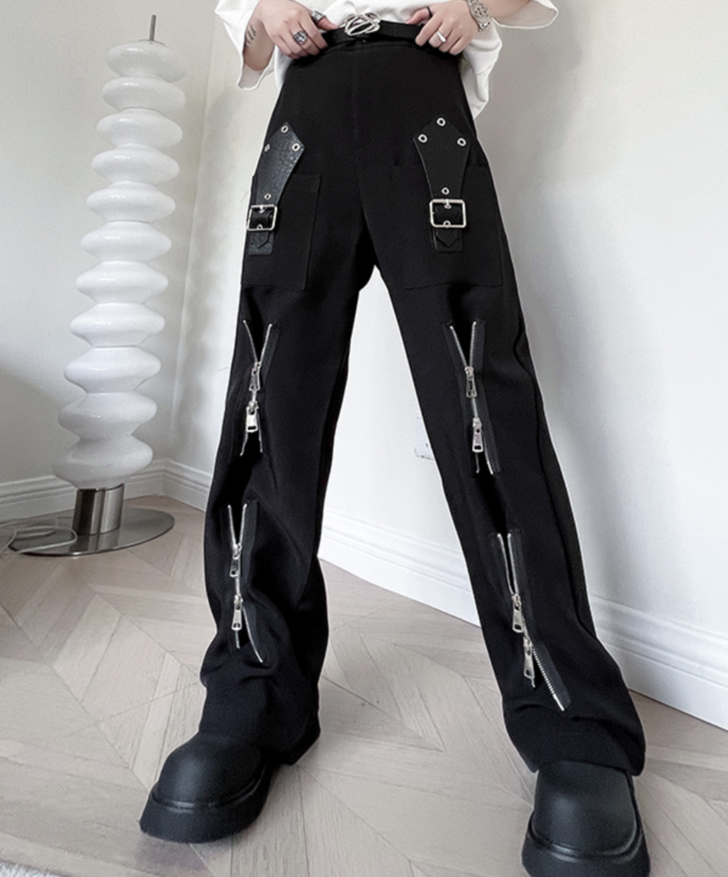 dark deformed zip-up leather buckle flare pants EN1817