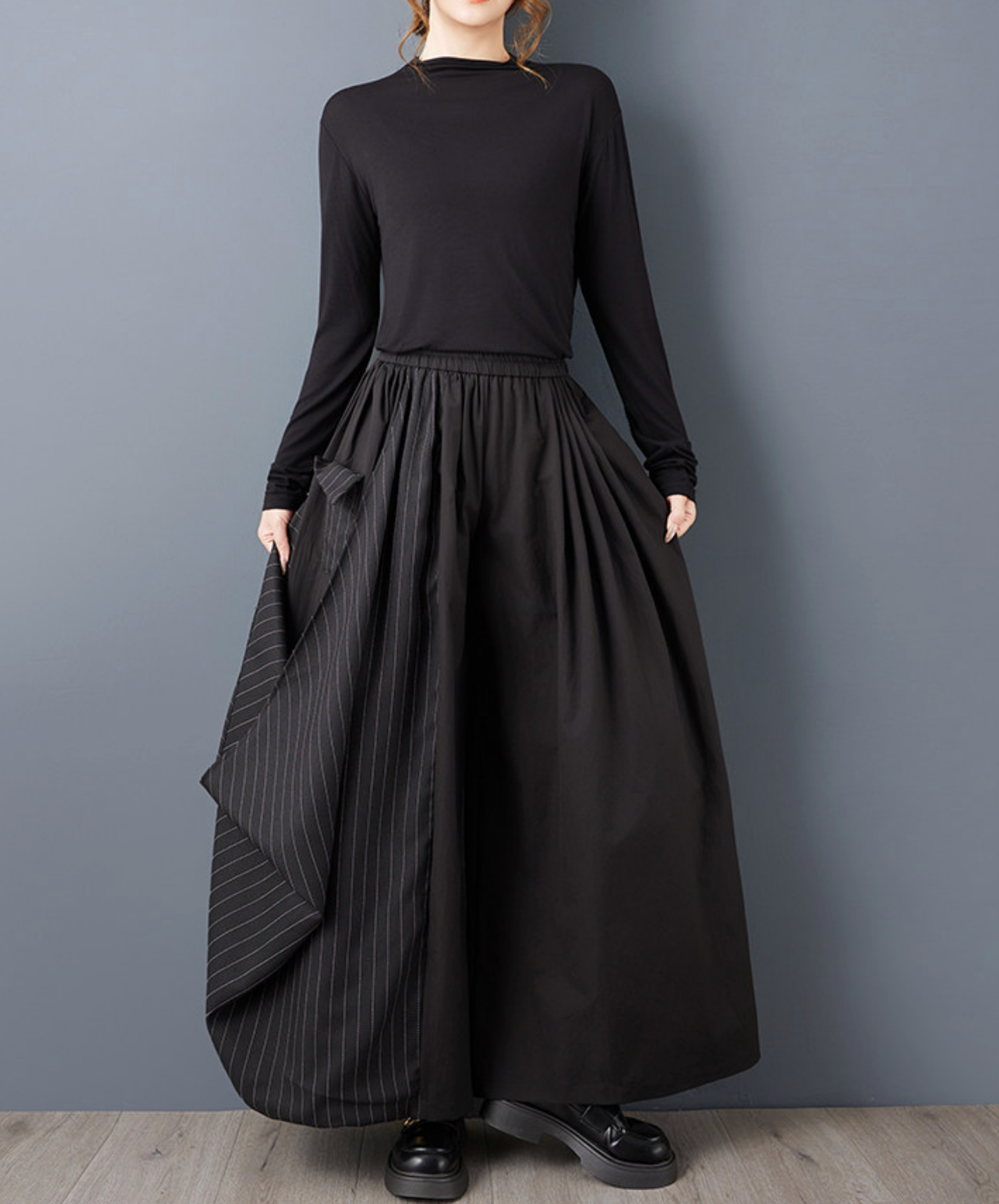 dark fine striped drape wide pants EN2779